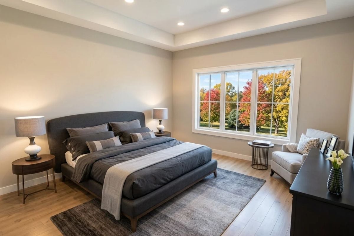 Upholstered Bed, Autumn Trees, and a Tray Ceiling That Earns Its Keep