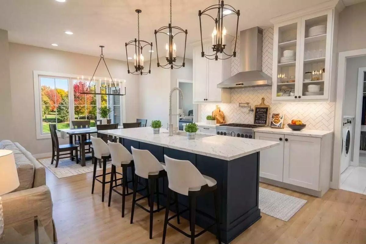 Navy Island Base and Marble Top That Make White Cabinets Work Harder