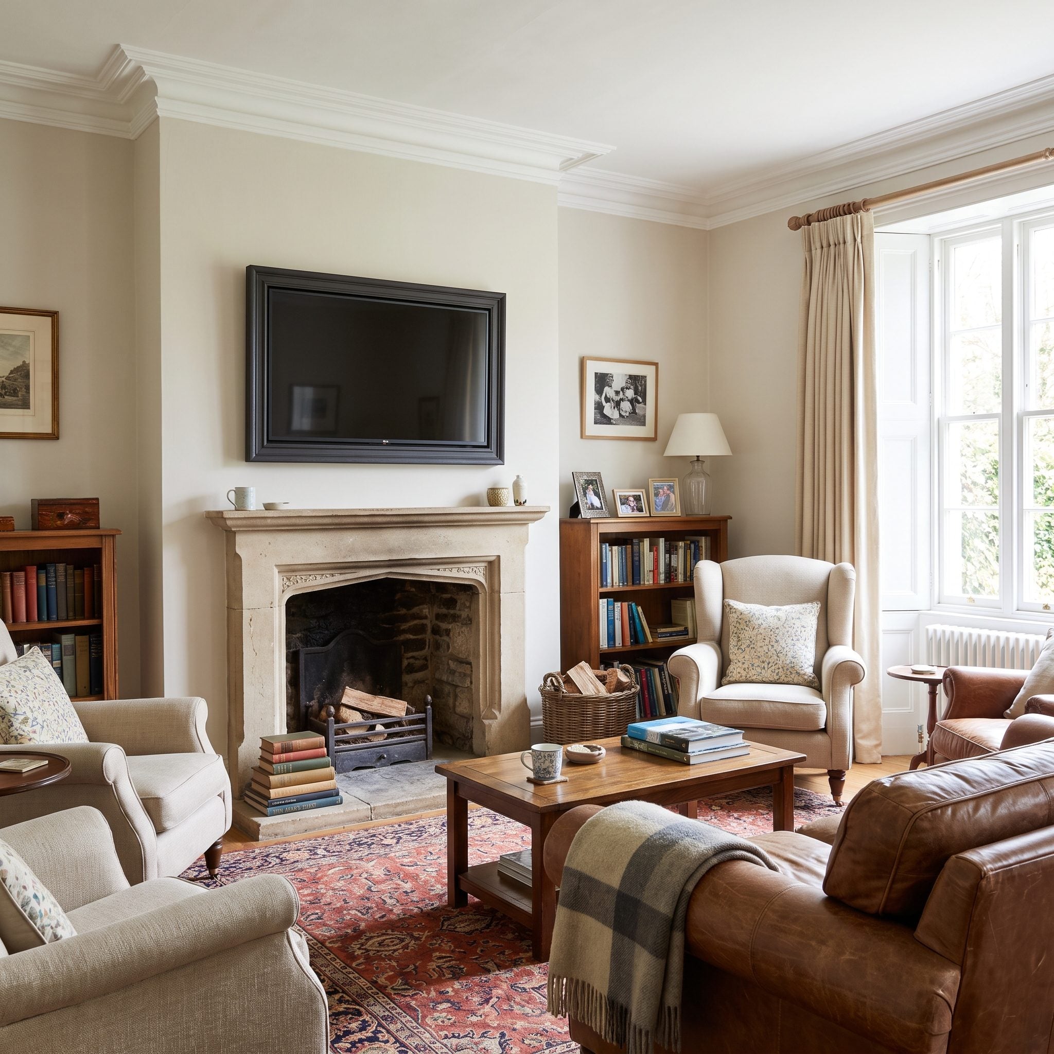 Living room with an off-center fireplace and a TV mounted above it against unequal flanking spaces