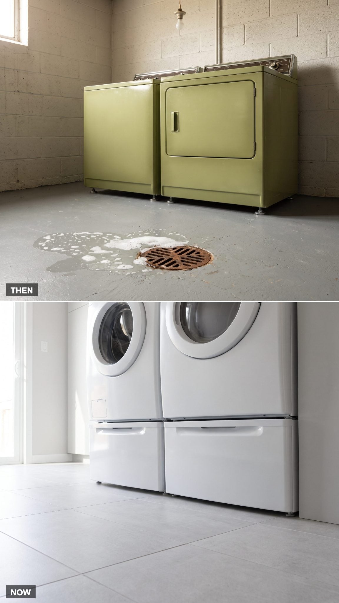 Modern front-loading laundry machines raised on storage pedestals