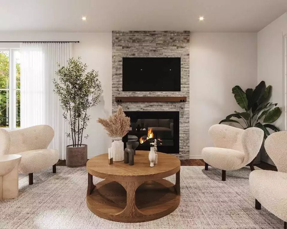 Boucle Chairs, a Wood Slab Mantel, and a Fireplace That Actually Gets Used