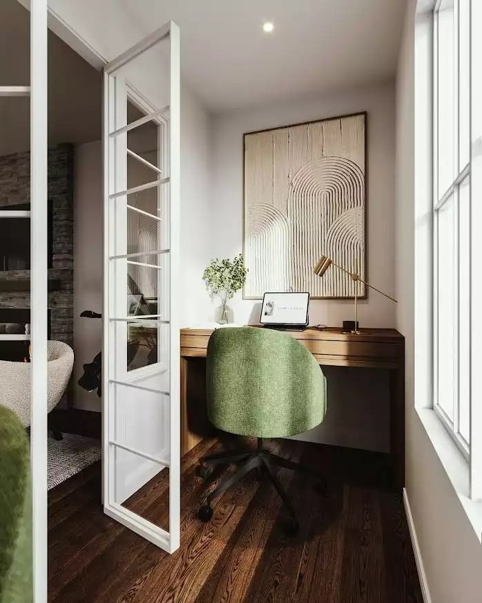 Green Boucle Office Chair Tucked Into a Wood-Paneled Alcove Behind French Doors