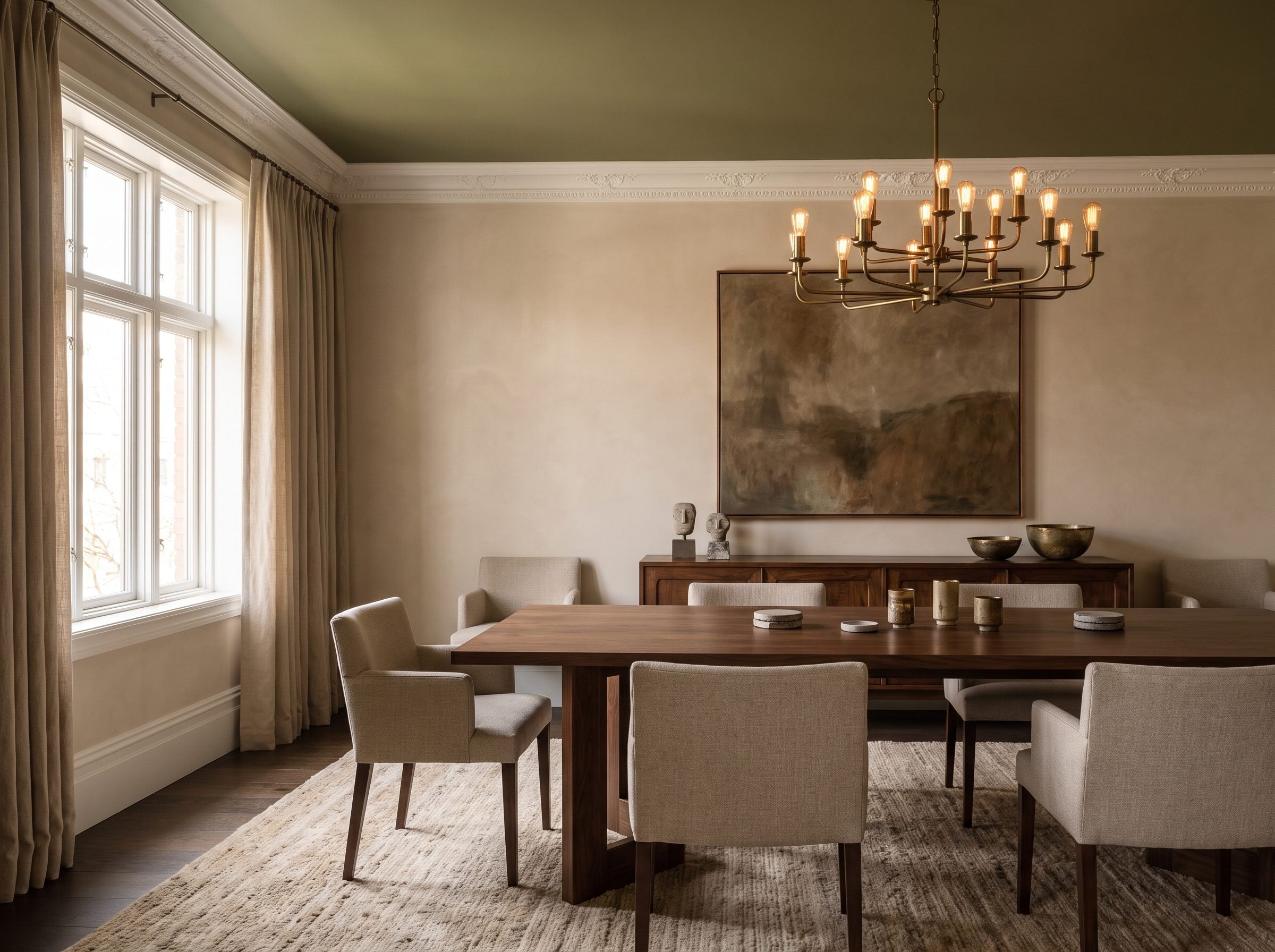 Dining room with a muted olive-green ceiling above painted crown molding, a walnut table, and an aged-brass chandelier.