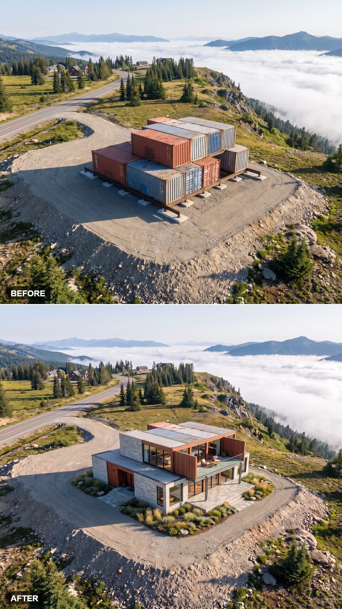Container mountain house concept with a single cantilevered balcony over the valley