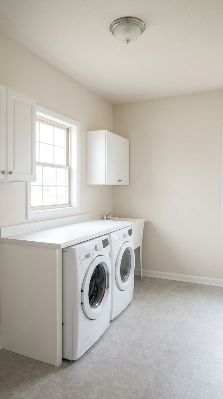 Laundry room lit by a single central ceiling fixture, leaving the folding counter and machine interiors in shadow.