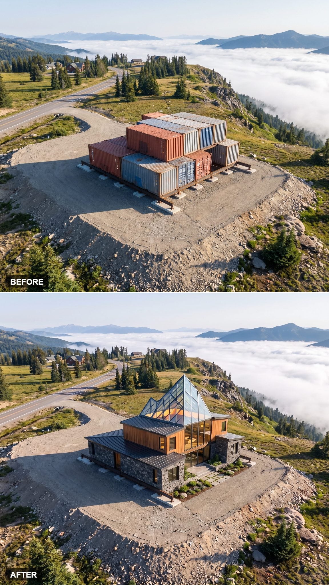 Container mountain house concept with one faceted glazed peak above the roof