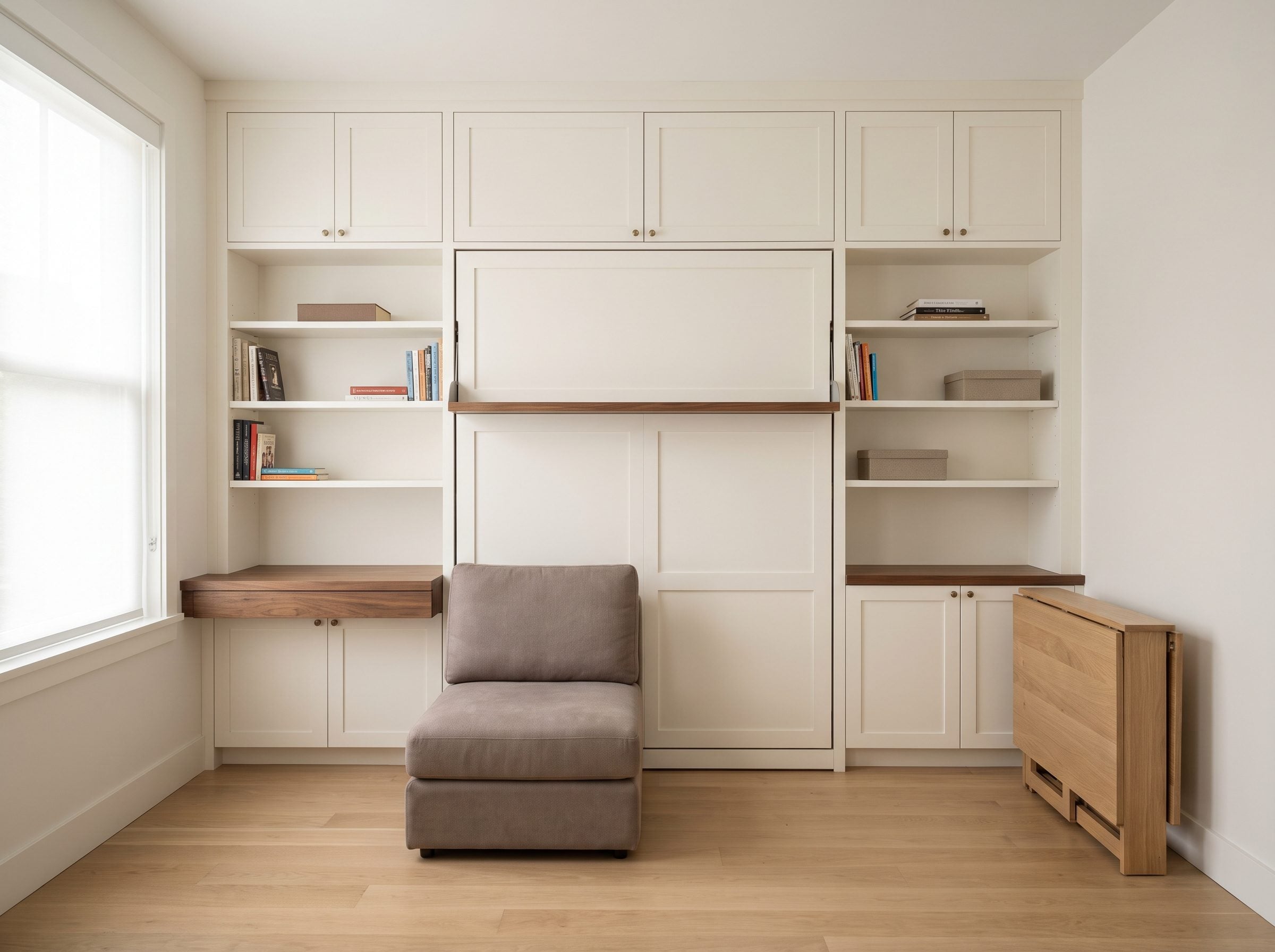Small multipurpose room with one full wall of built-in shallow desk, cabinets and shelves, and a clear open center floor.