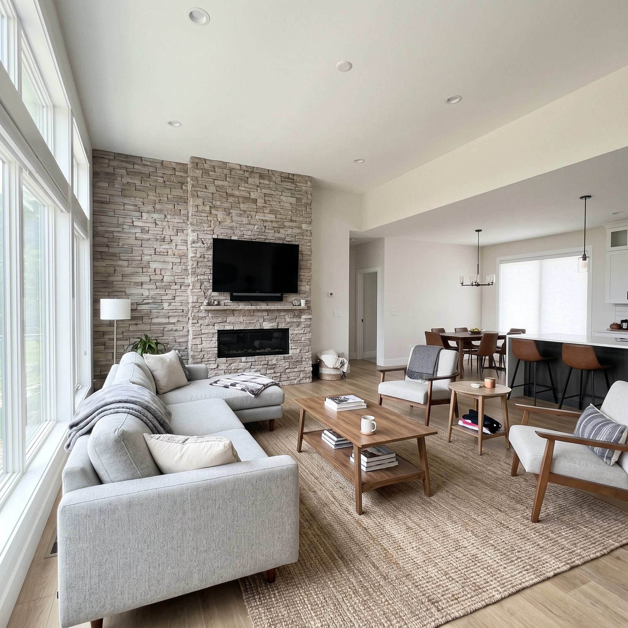 Open-plan great room with a high TV over a stone fireplace and a longer empty wall across the room better suited to a lower screen
