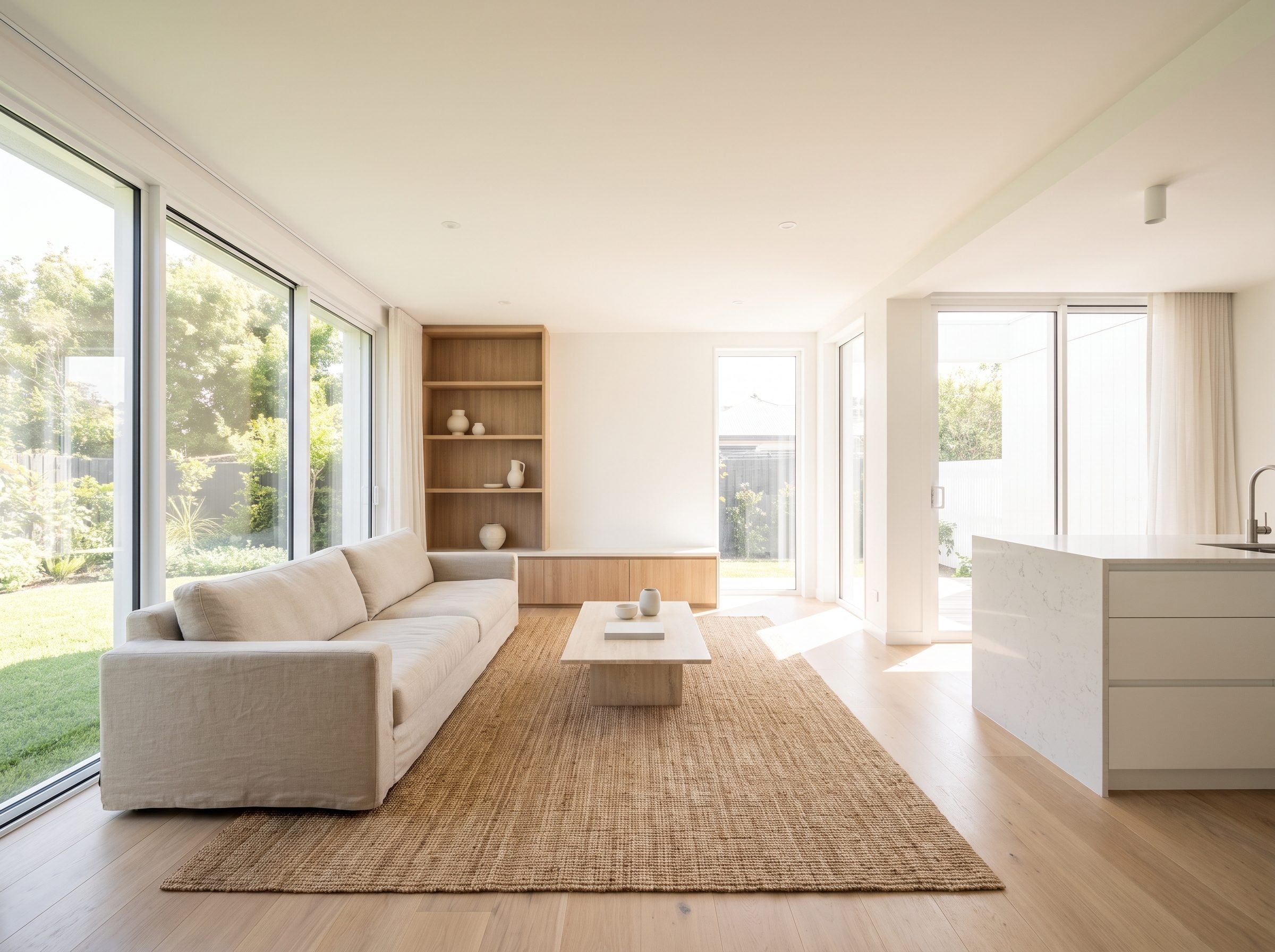 Open-plan main floor with an 84-inch sofa floating in front of the window wall and a console table behind its back dividing