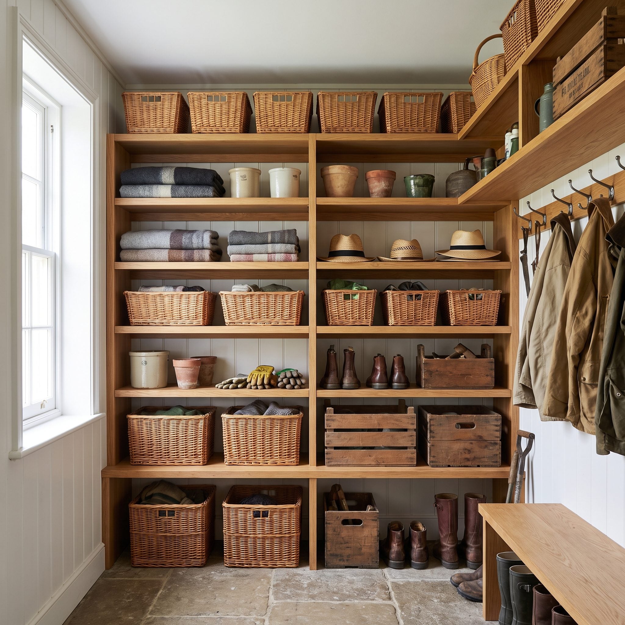 Mudroom with all-open storage where coats, backpacks, hats, gloves, shoes, and sports gear are neatly kept but fully visible