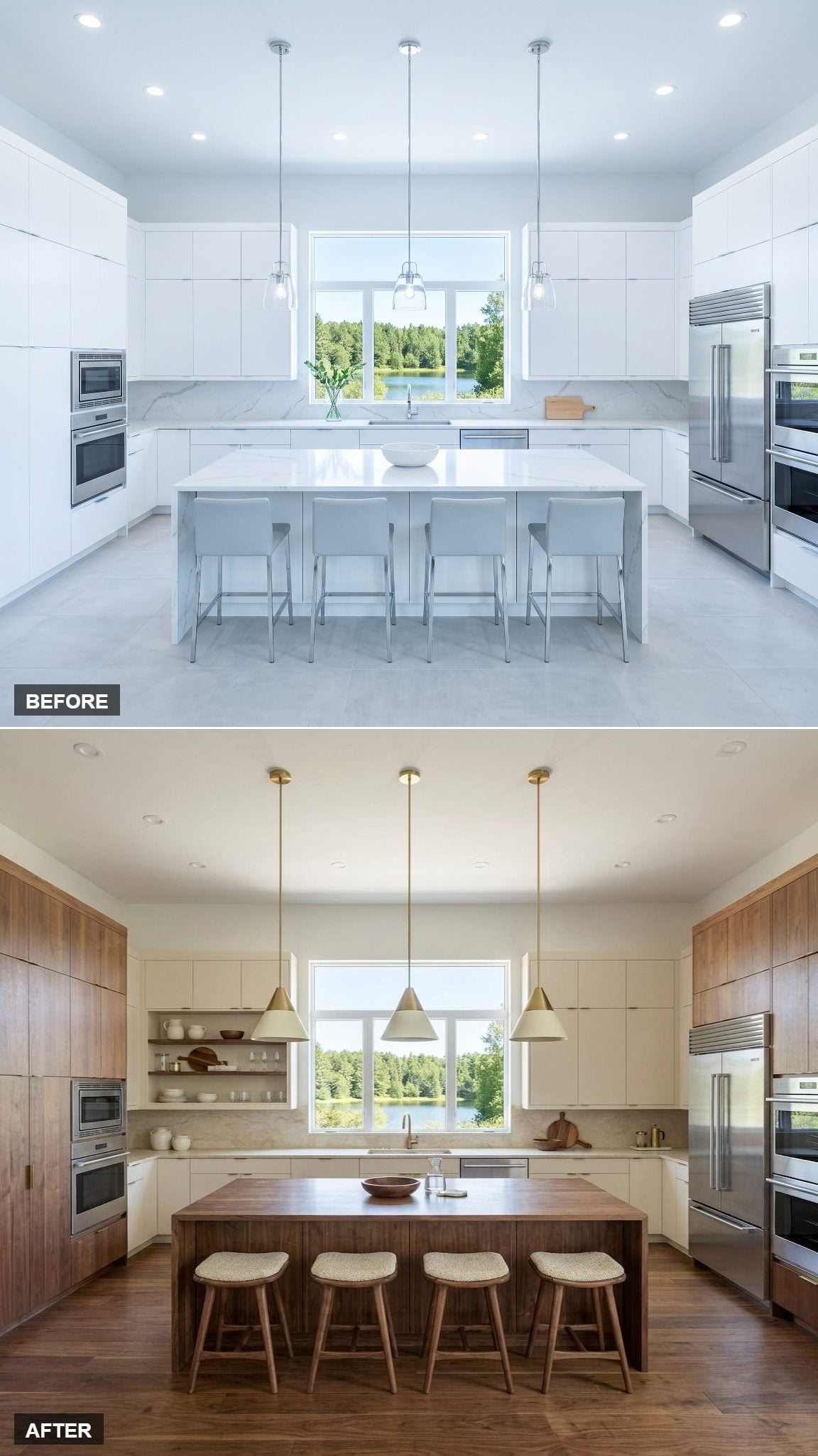 Organic Minimalism with a Walnut Slab Island and Matte Cream Cabinetry That Refuses to Shout