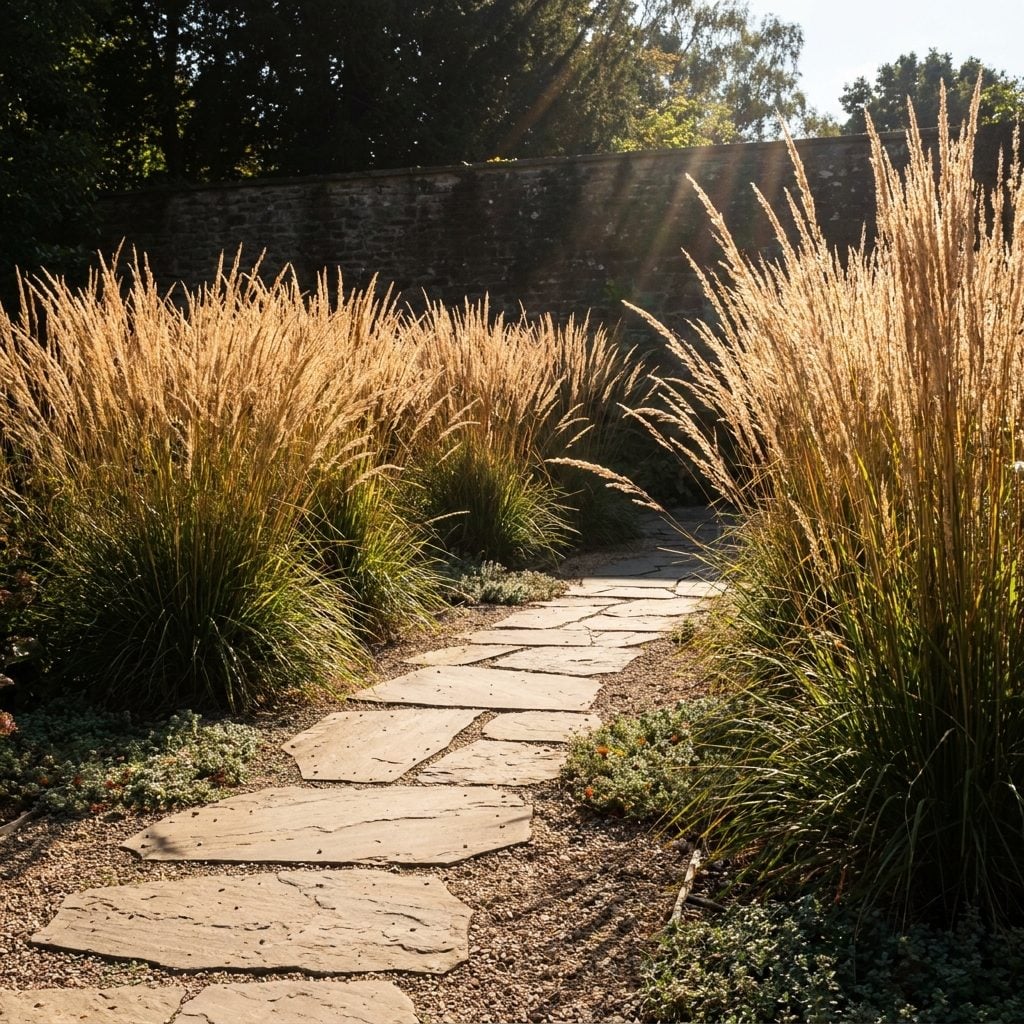 Ornamental Grasses Framing a Sweeping Front Walk