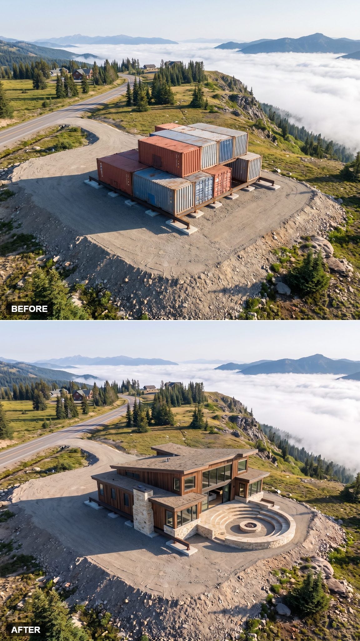 Mountain container house concept with a semicircular outdoor amphitheater