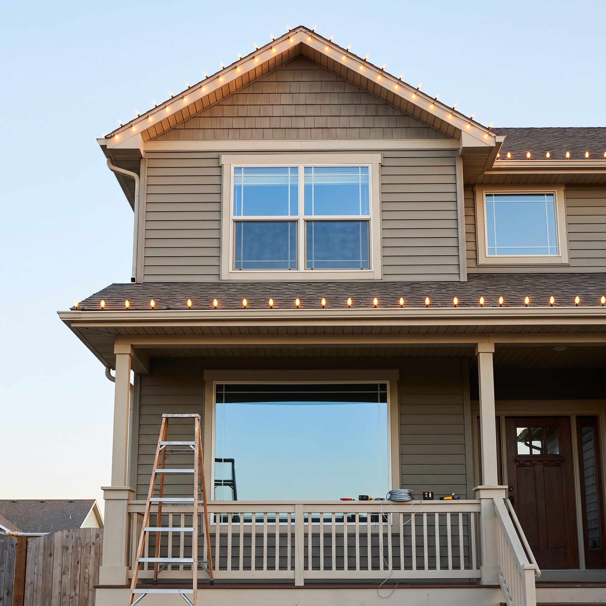Outdoor Lights Tracing the Roofline and Porch Rail