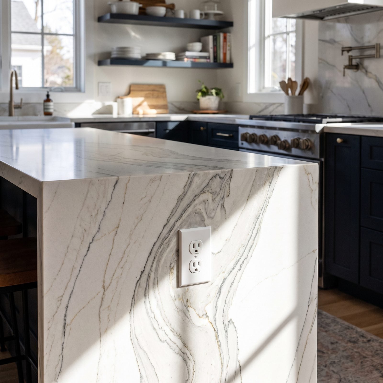 Calacatta Viola waterfall island with a white outlet cut through the center of its gold veining.