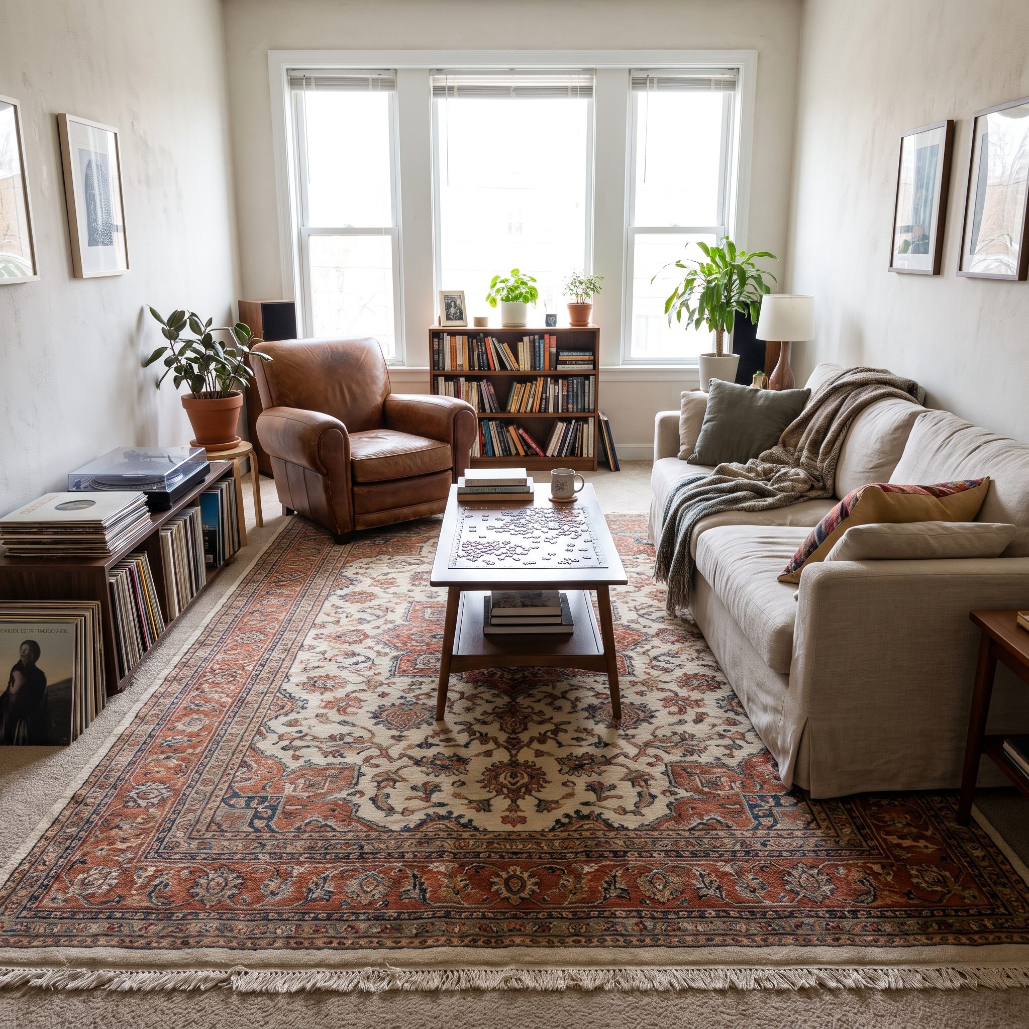 Bedroom with a nine-by-twelve charcoal rug centered on gray carpet with an even carpet border on all four sides