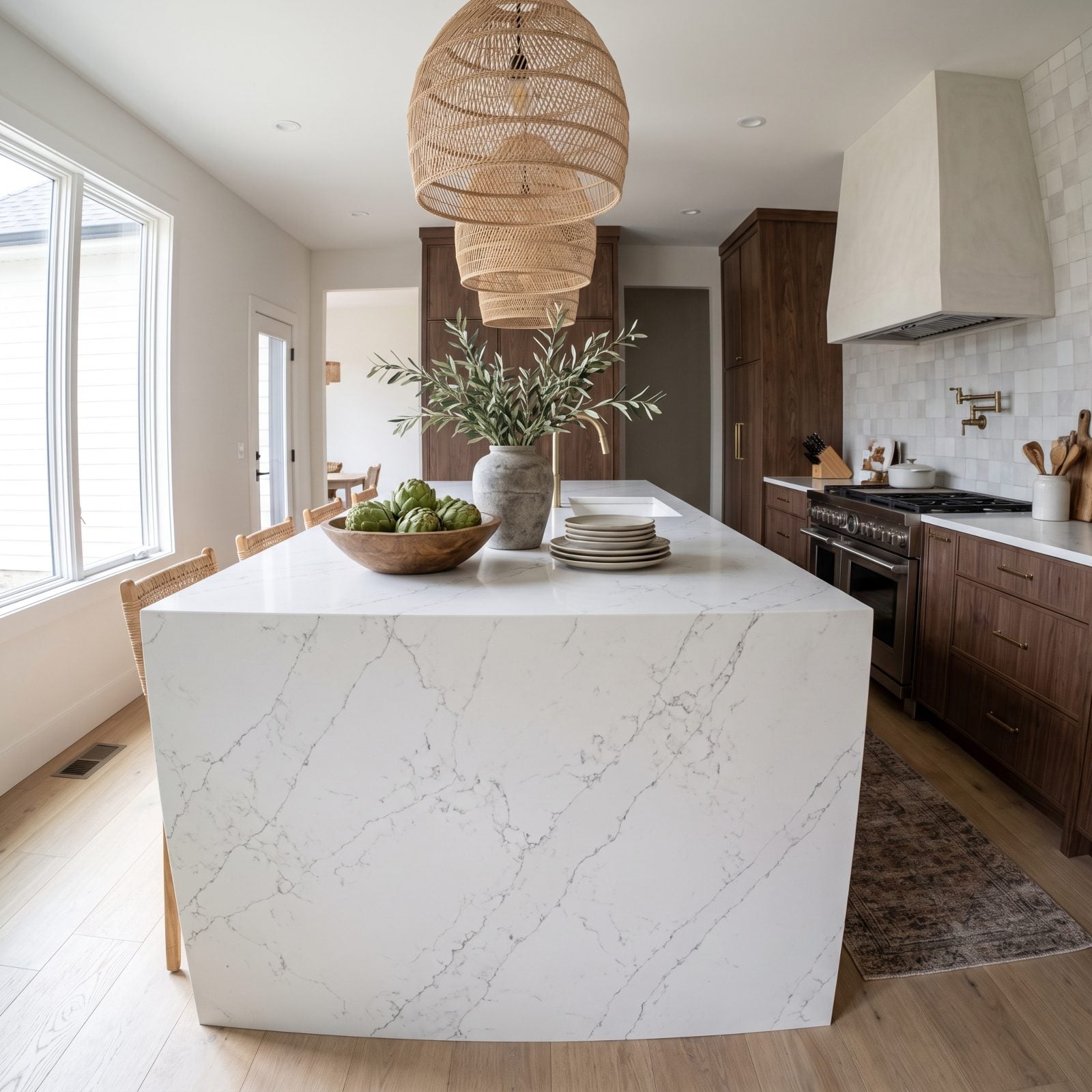 Large white quartz waterfall island leaving a narrow walkway to the surrounding cabinets.