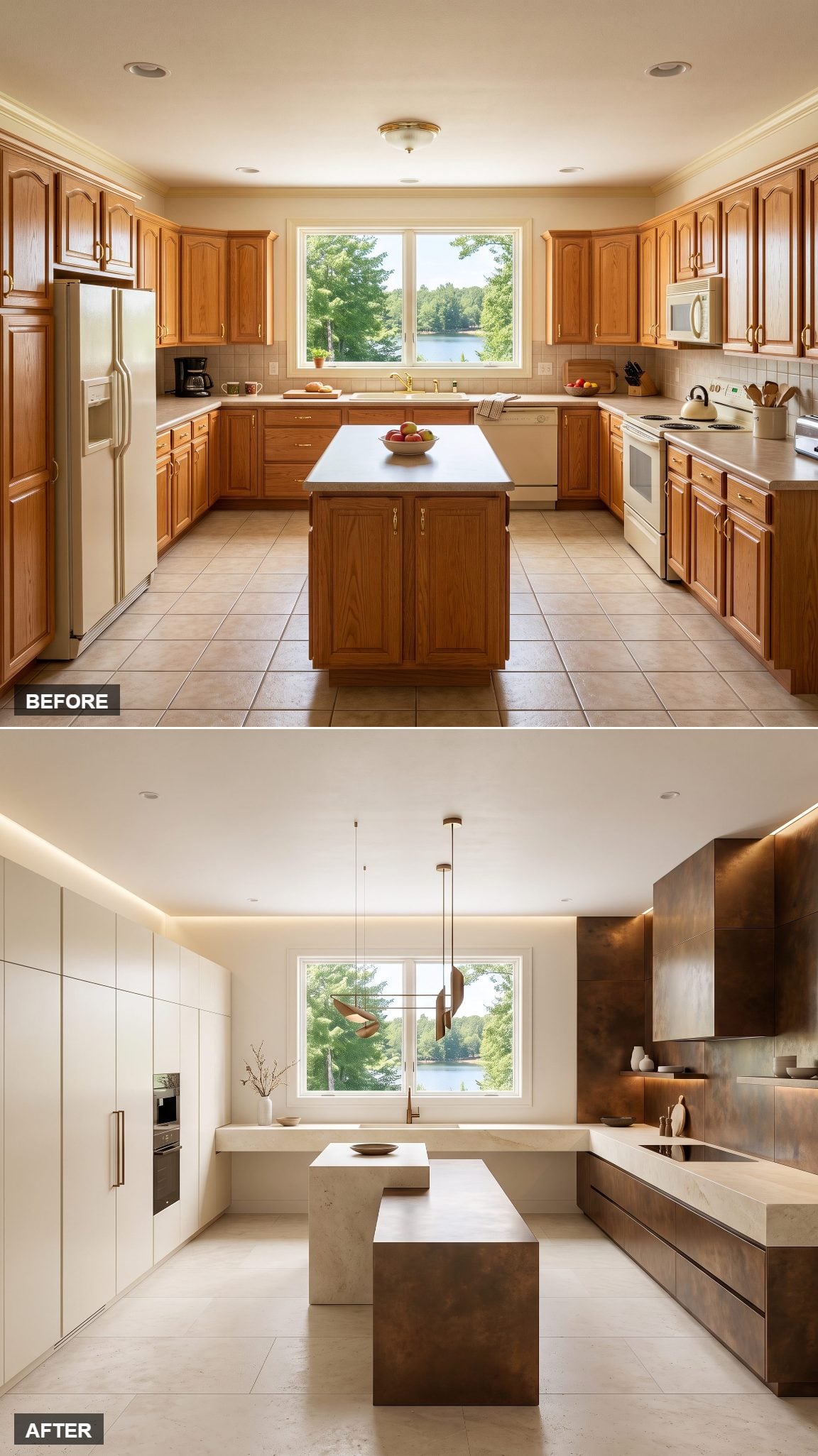 Contemporary kitchen with oxidized bronze panels and minimalist cream cabinetry
