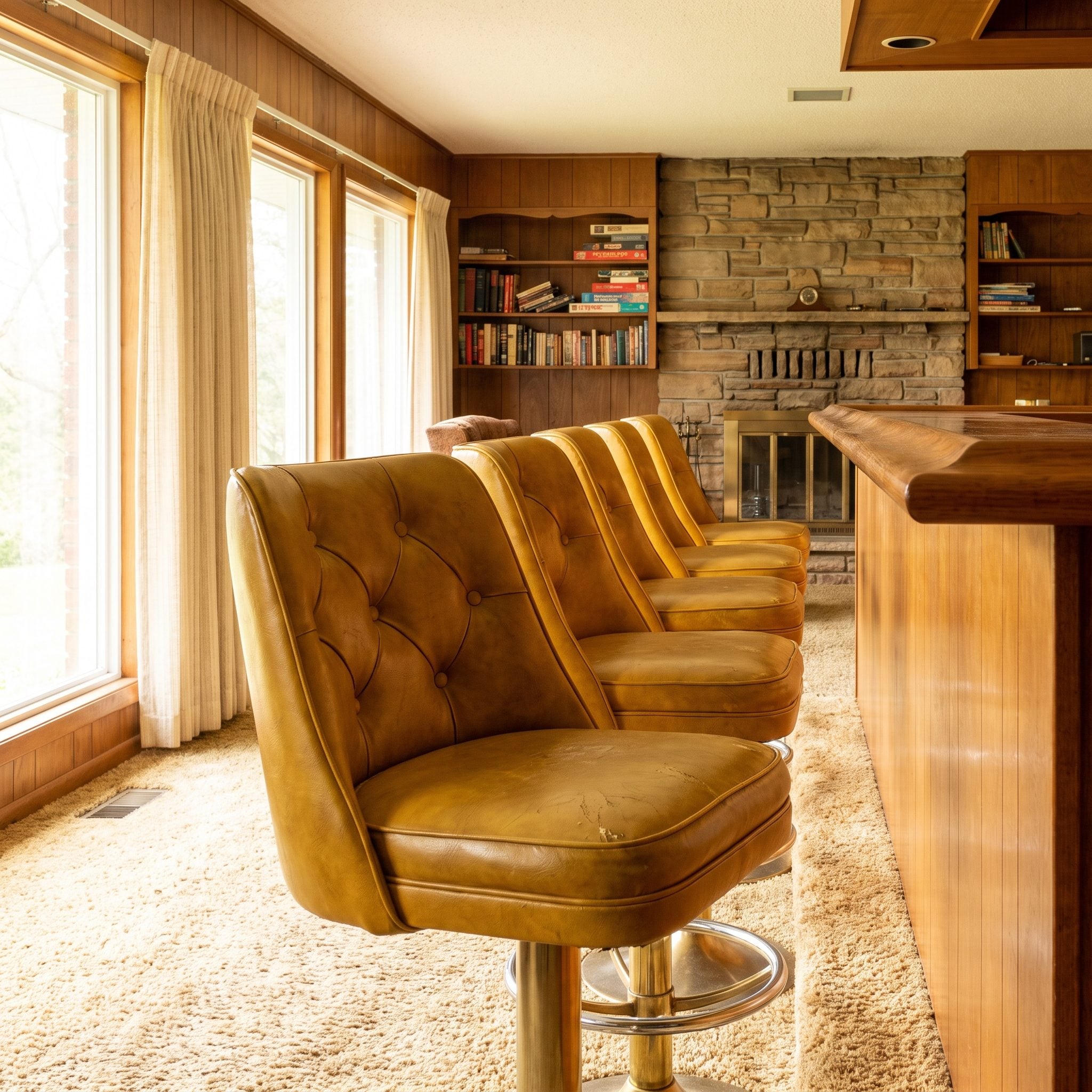 The Padded Vinyl Bar Stools With Chrome or Brass Bases, About $25 to $50 Each in 1975