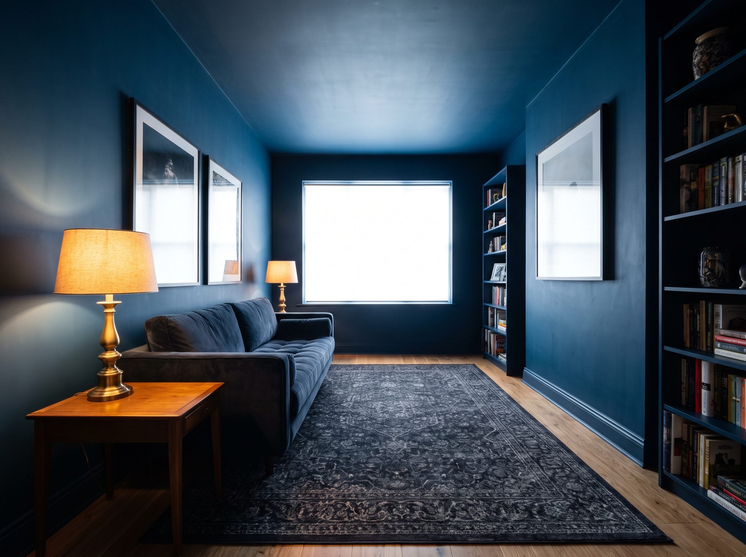 Small living room with charcoal walls and ceiling surrounding a leather sofa
