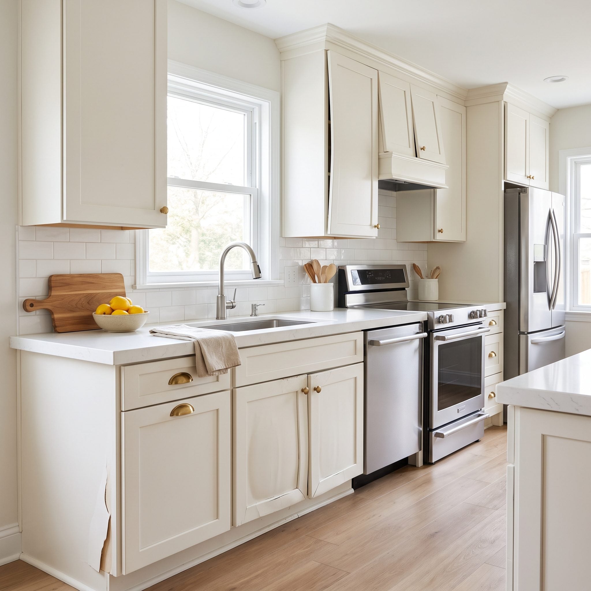Warm-white kitchen cabinets freshly painted over swollen MDF sink-base doors and a warped, delaminating cabinet corner.