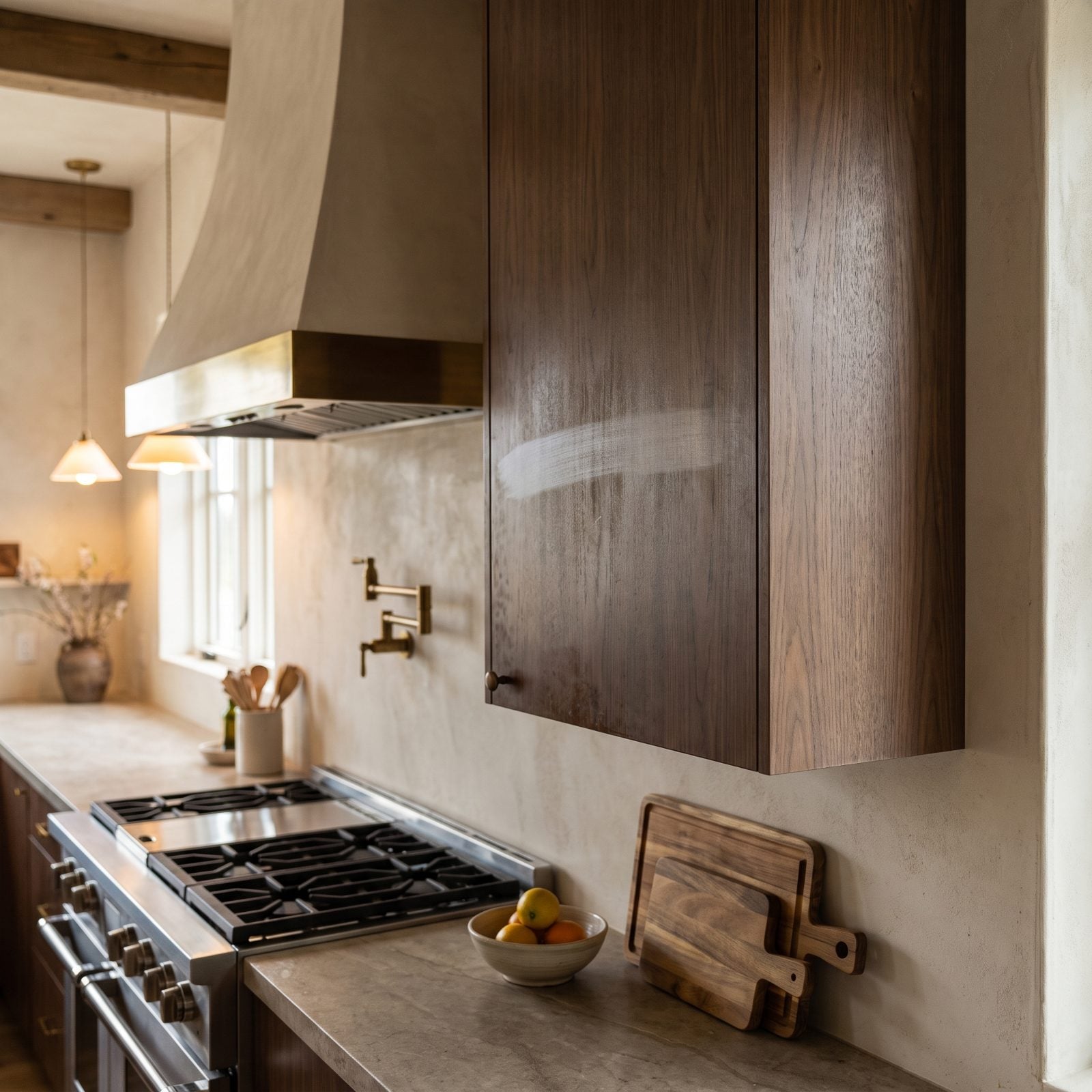 White upper cabinet door above a range with small round fisheye craters in the fresh paint near the cooktop.
