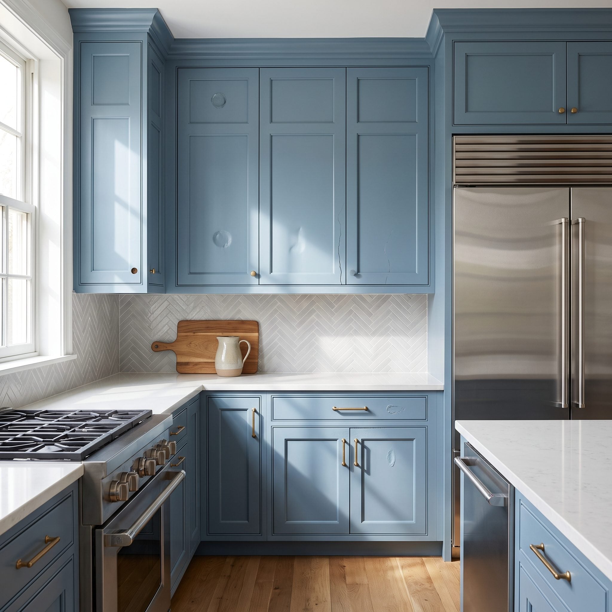Dusty-blue kitchen cabinets with old knob holes, dents, and cracks visible under fresh paint, new brass pulls nearby.
