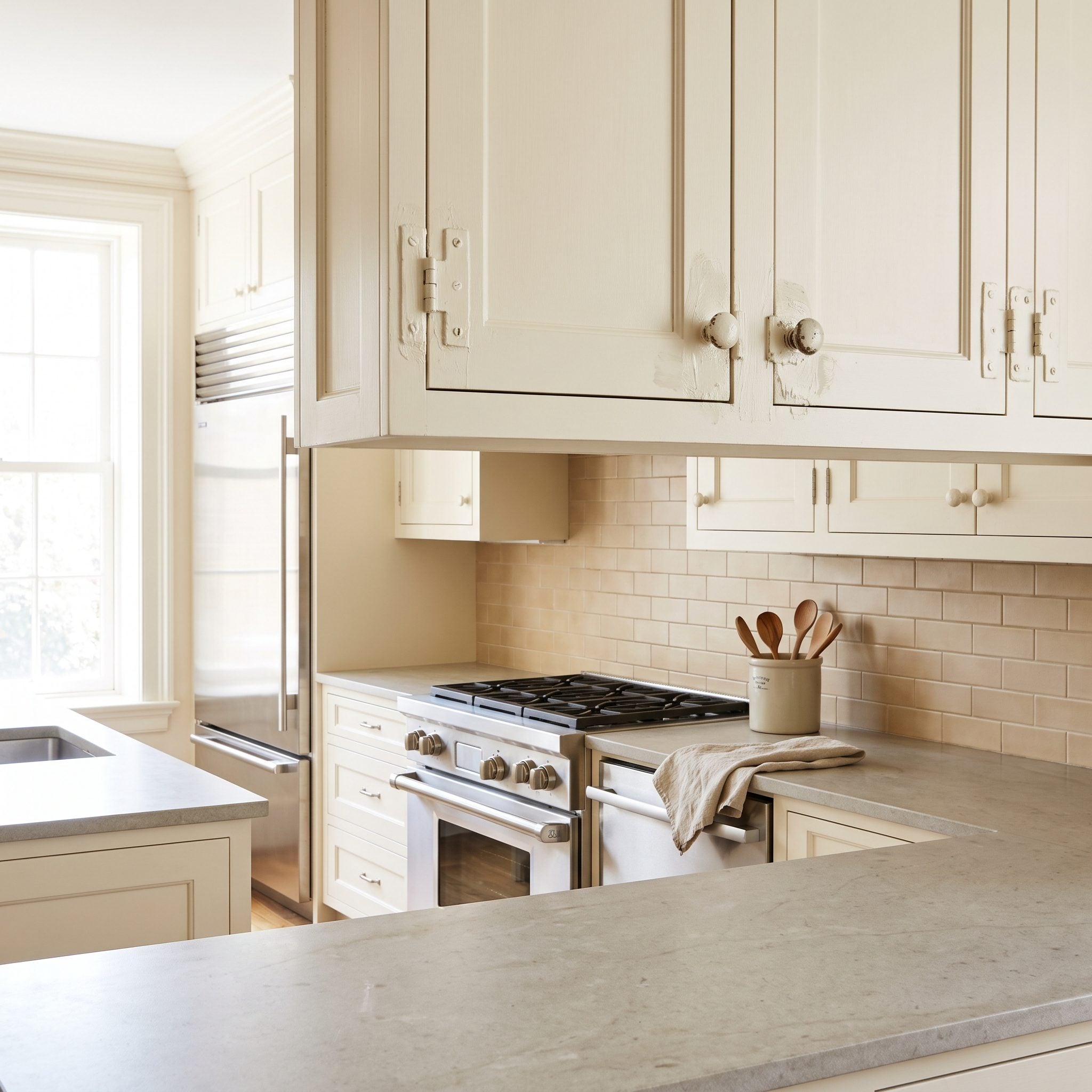Cream kitchen cabinets with hinges and old knobs coated in the same paint as the doors.