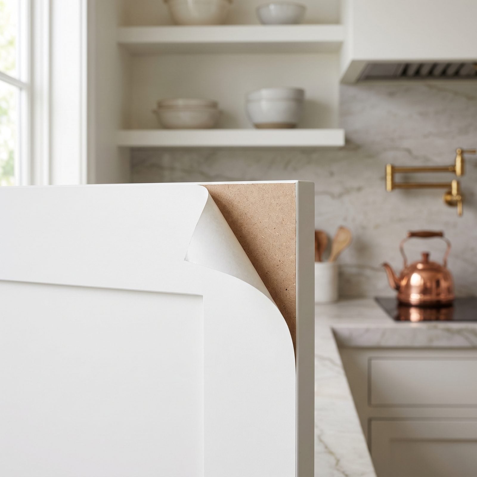 White thermofoil cabinet door near a range with the vinyl skin curling and lifting at the top corner.