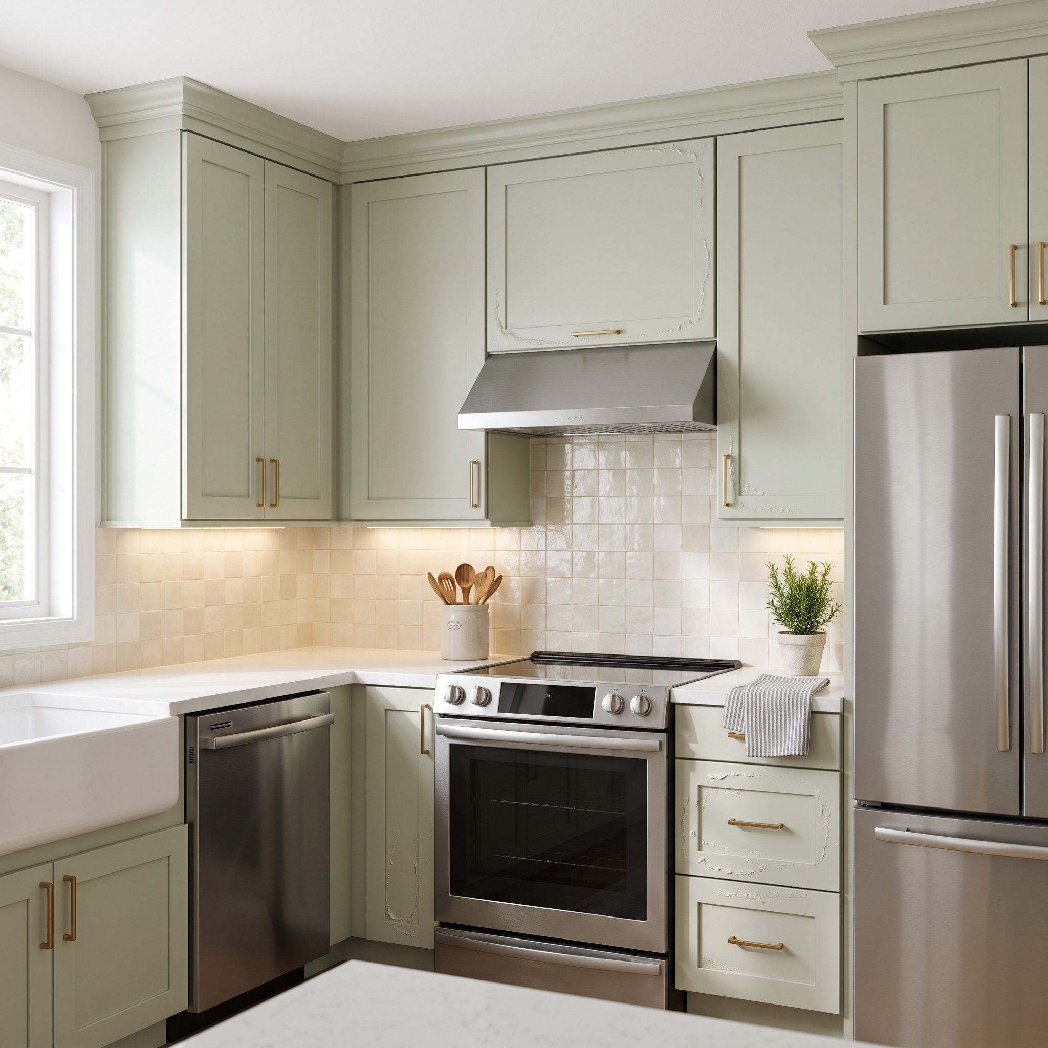 Pale sage kitchen cabinets with fresh paint bubbling and peeling near the range and most-used doors.