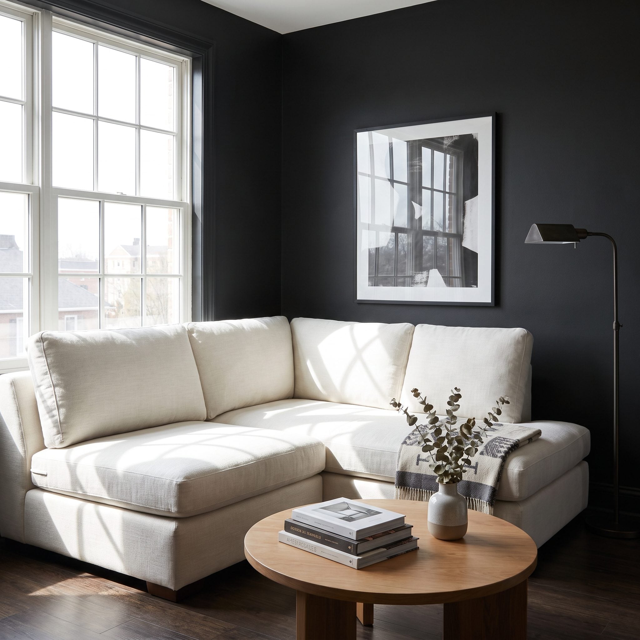 Near-black navy living room with a cream linen sofa creating strong contrast