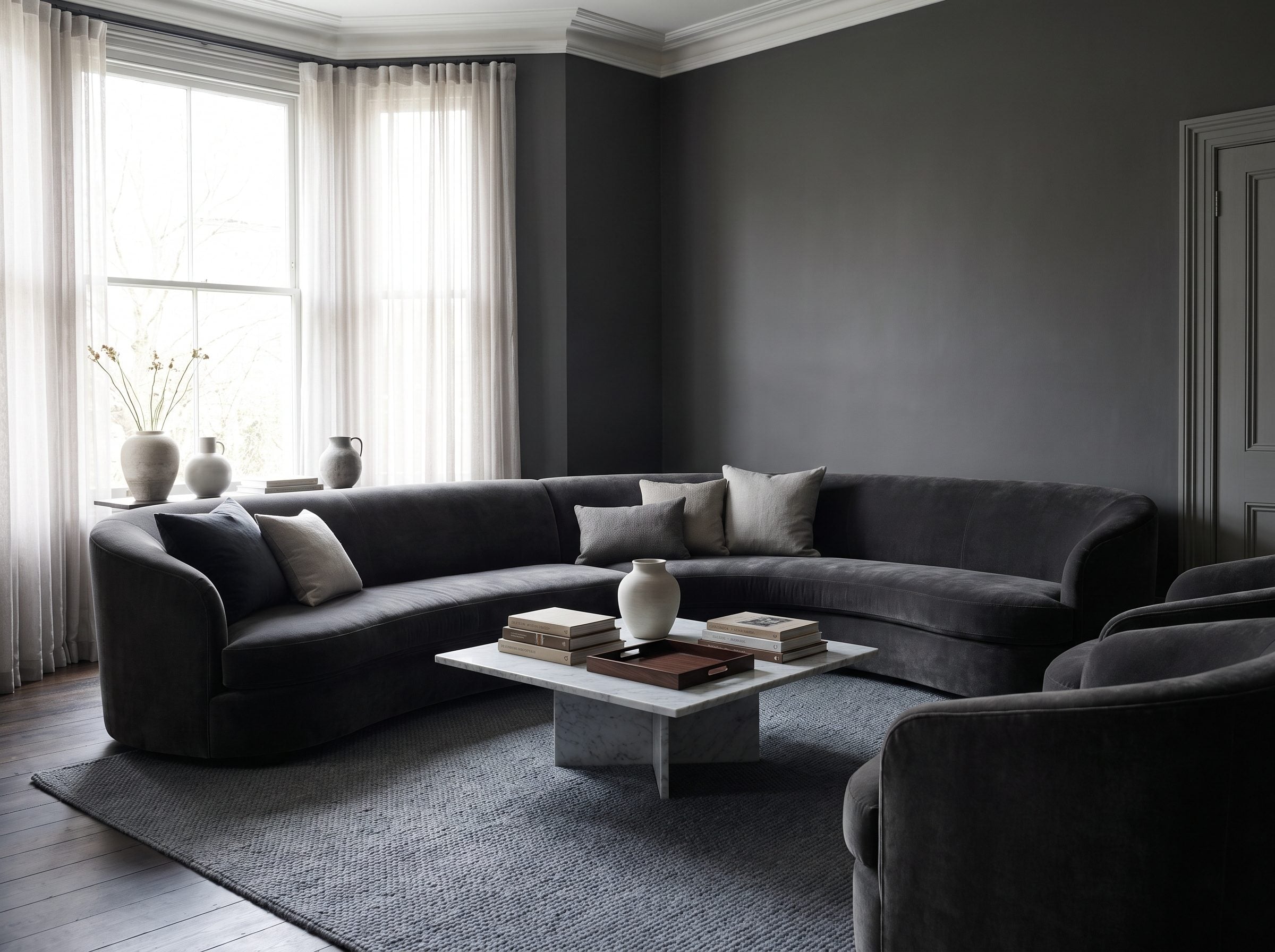 Charcoal living room with a matching charcoal velvet sofa and navy armchair