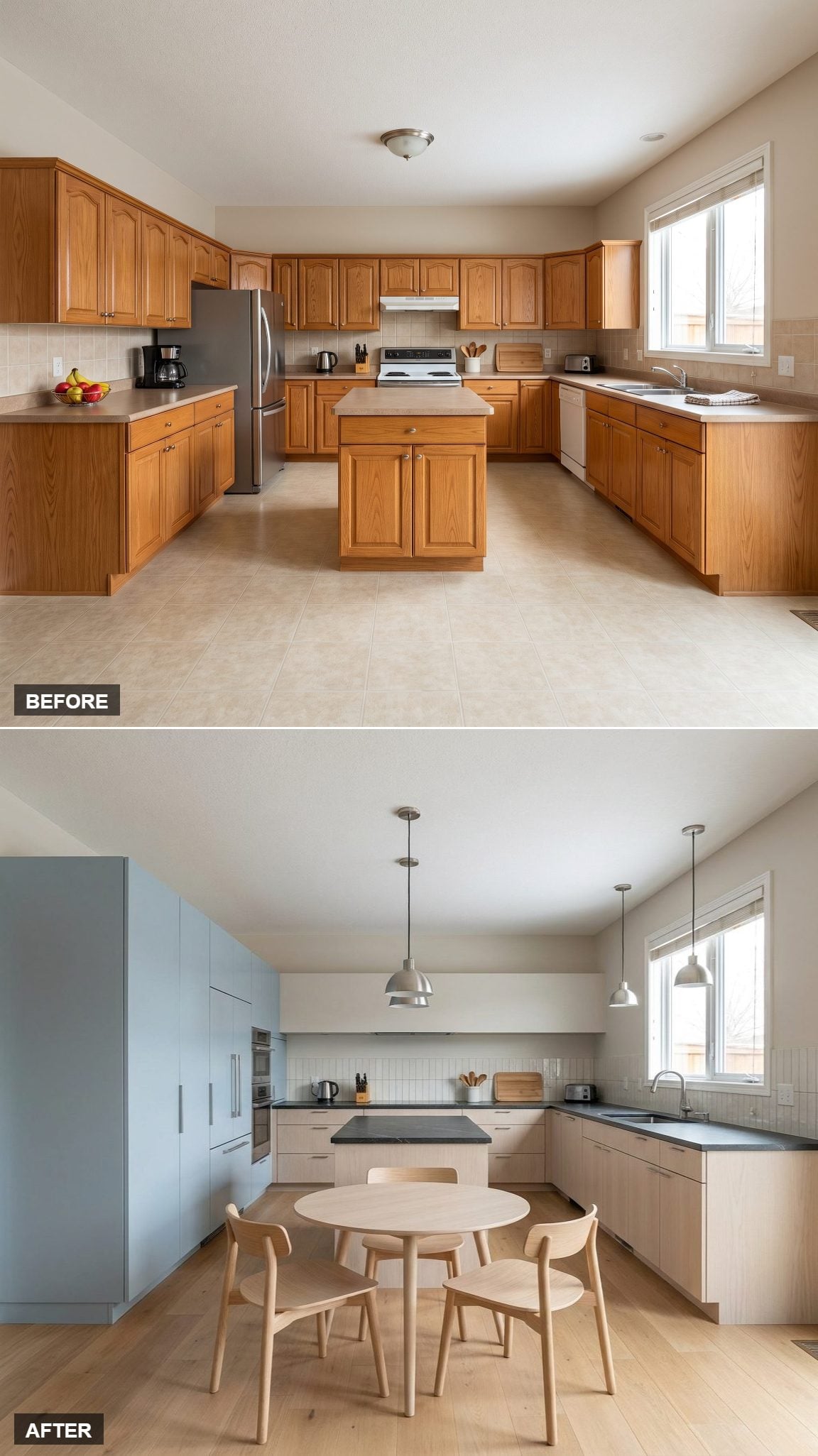 Pale Ash and Soft Blue Nordic Kitchen with a Soapstone Prep Bench and No Island at All