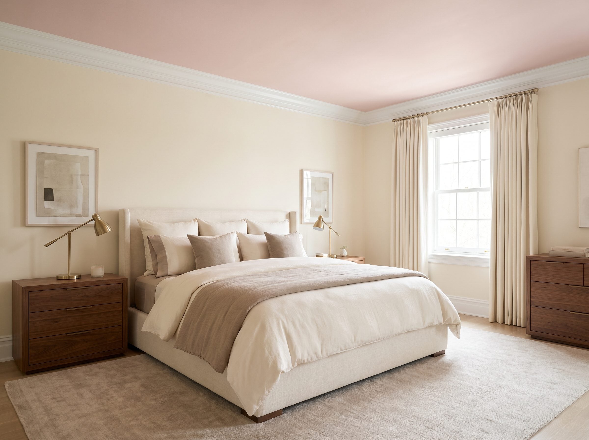 Primary bedroom with a pale blush-pink ceiling framed by white crown molding above ivory walls, a walnut bed, and brass