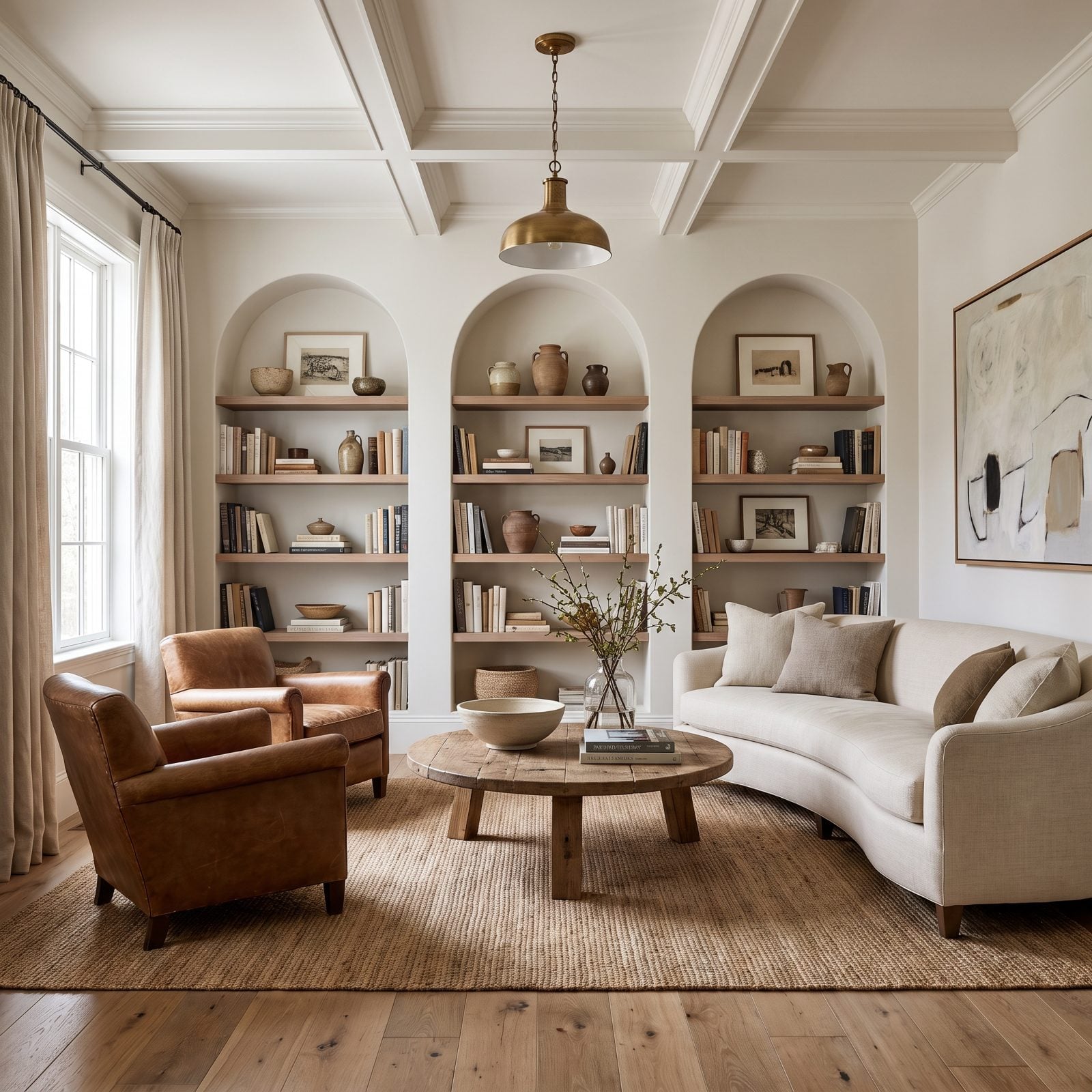 Pale Walnut Shelving Built into Rounded Wall Niches