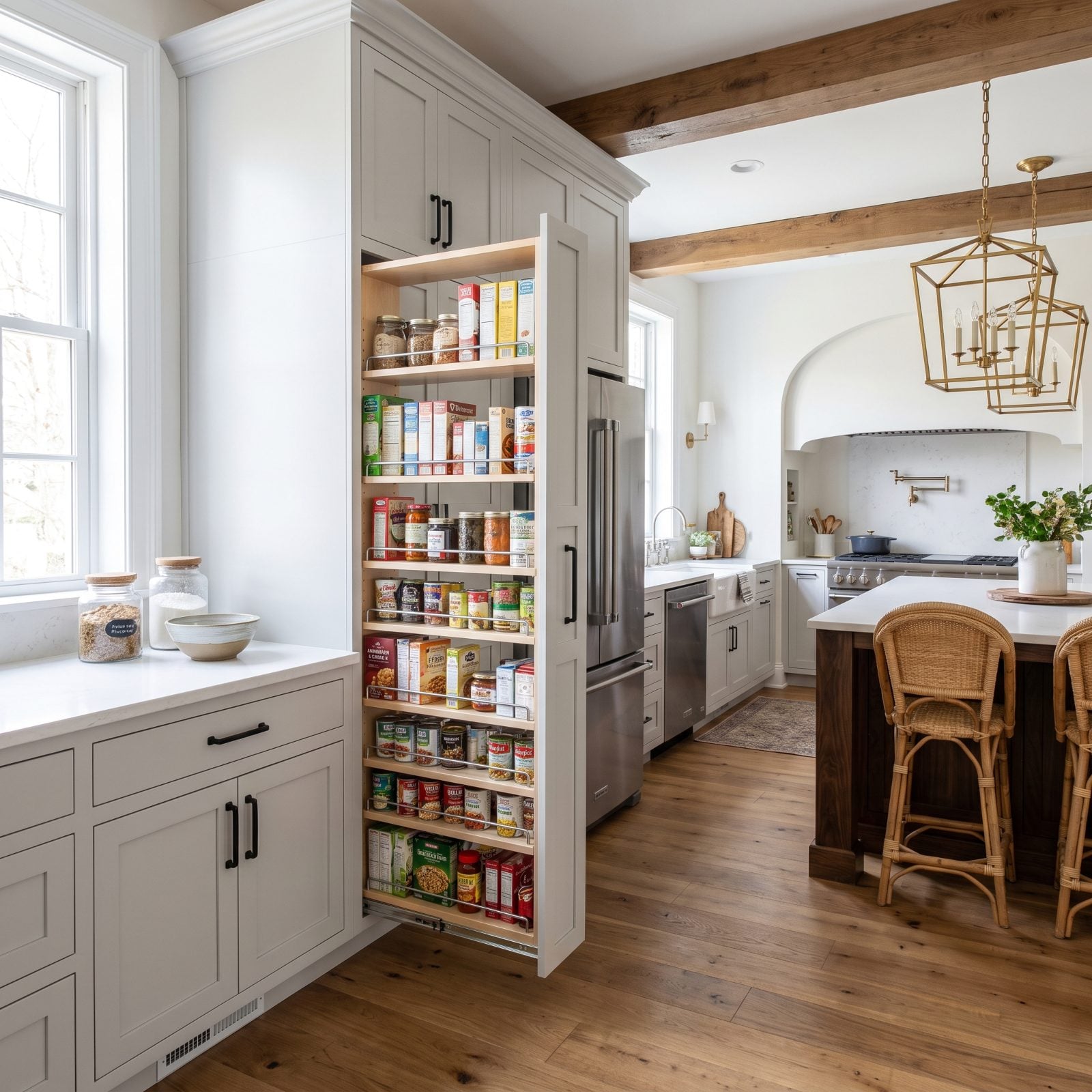 Tall pull-out pantry unit extended about 22 inches deep, packed front to back so rear cans and boxes hide behind front items.