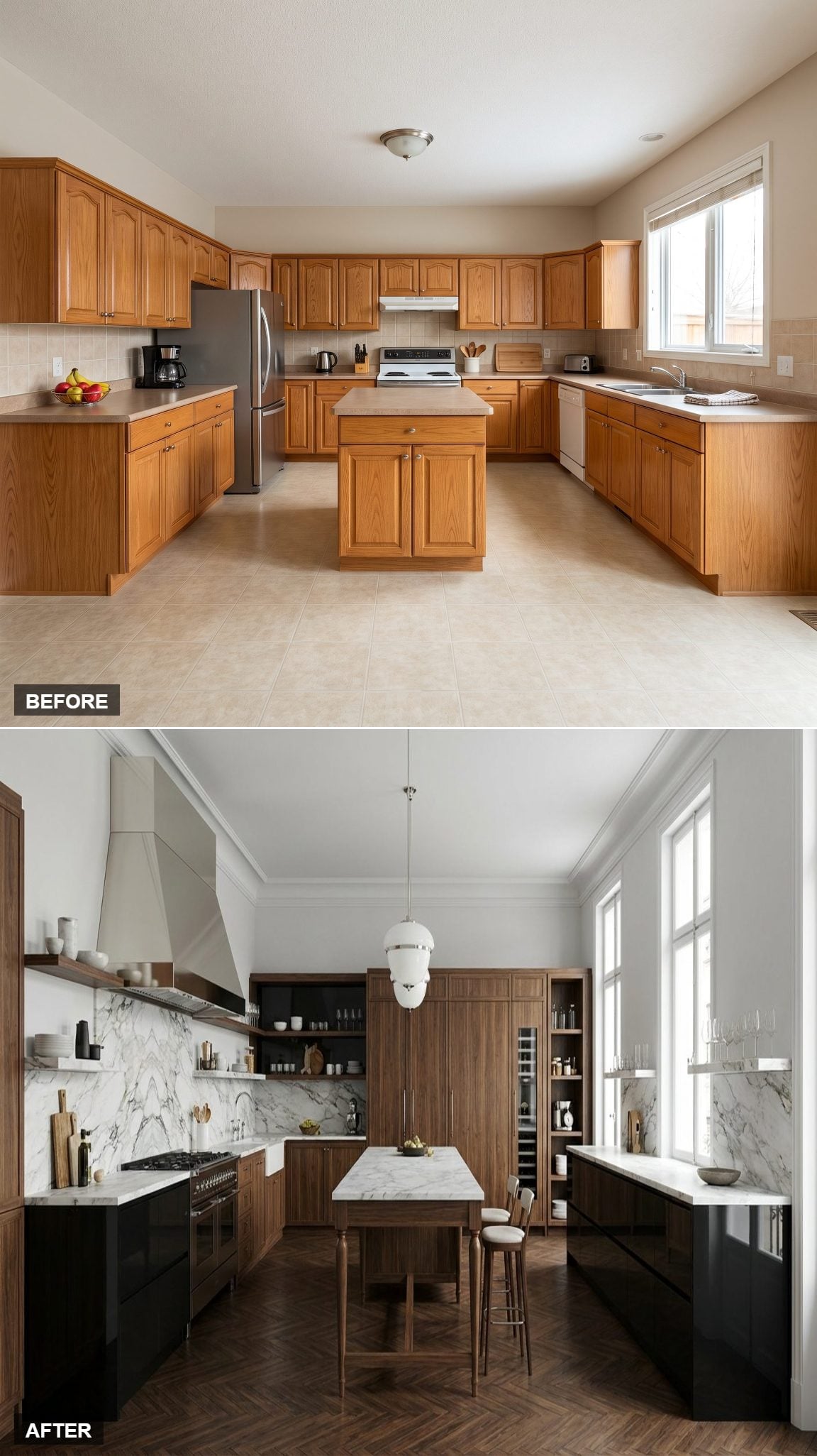 Parisian Haute Design: Freestanding Walnut Worktable in Place of a Builder-Grade Island