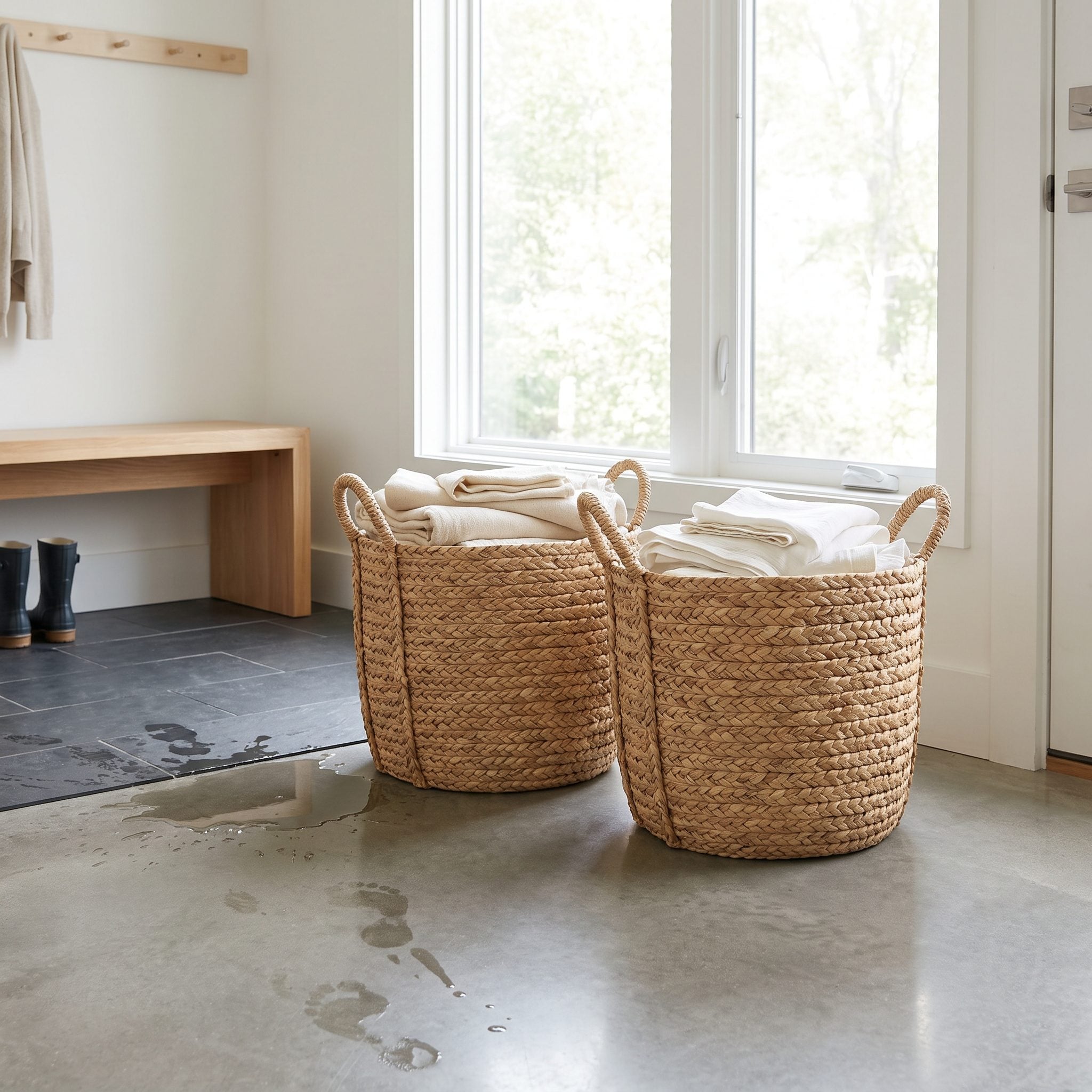 Mudroom with open cubbies of clean tote bags and napkins positioned directly beside wet rain boots, a dripping umbrella