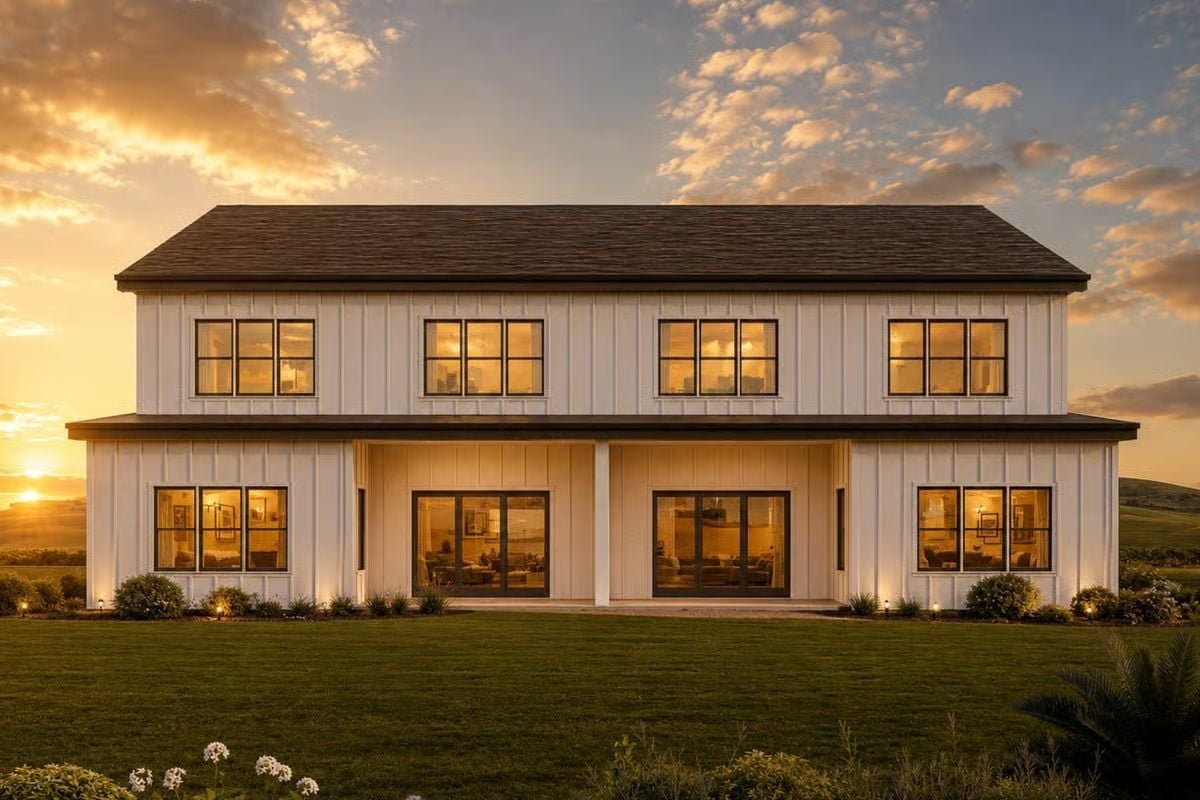 Warm Light Spills Through Black-Framed Windows at Golden Hour
