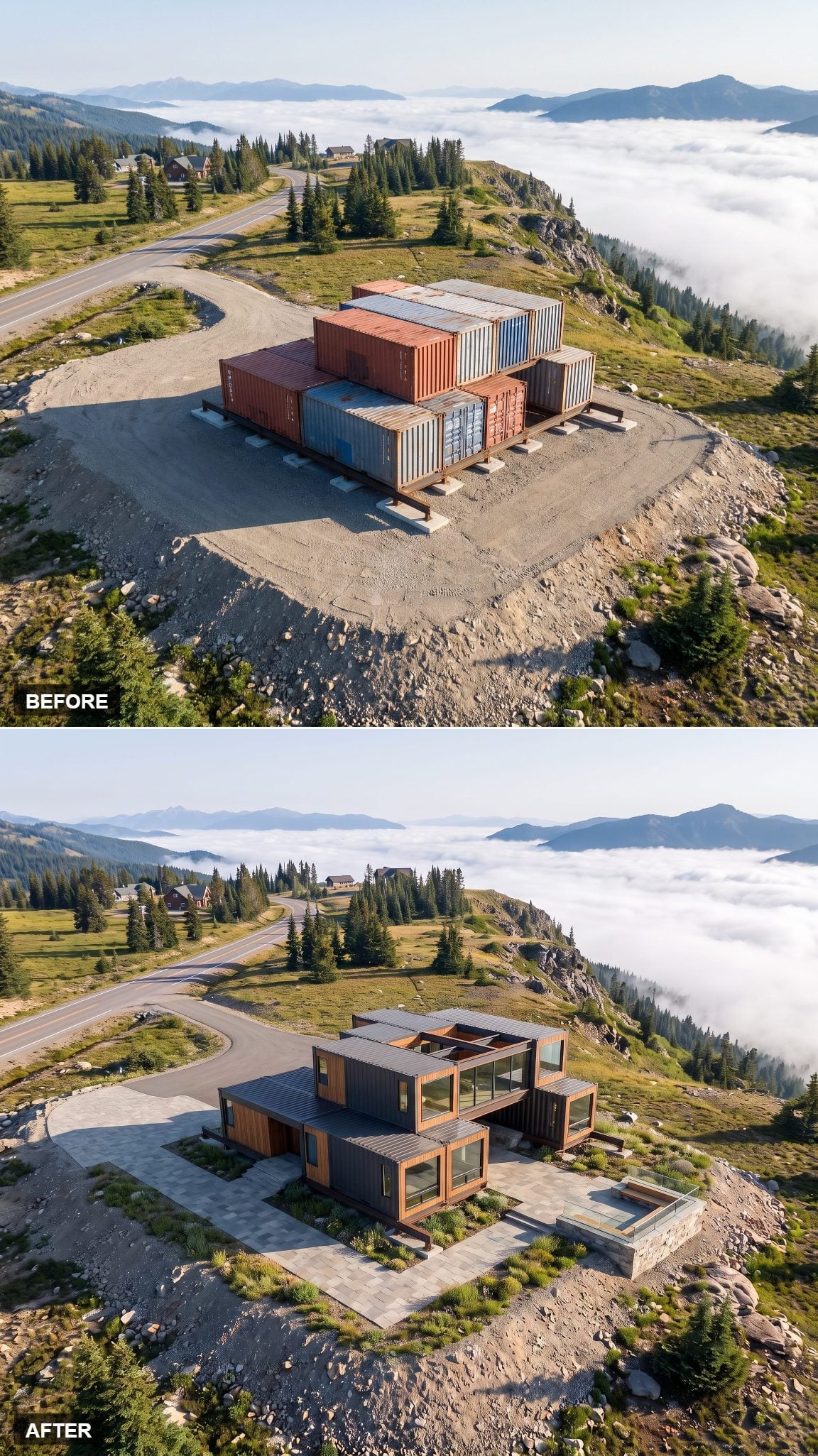 Mountain container house concept with a large pass-through opening framing the view