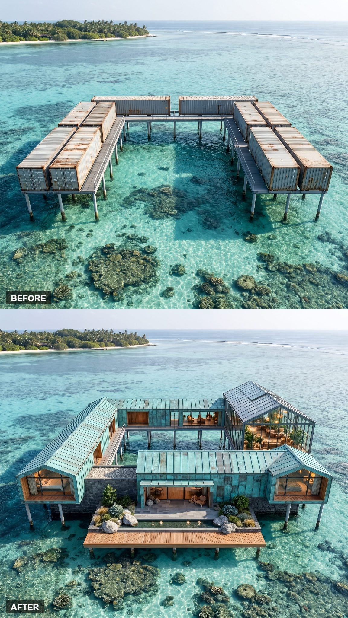 Patinated-copper container compound with a glass tropical conservatory over a coral lagoon