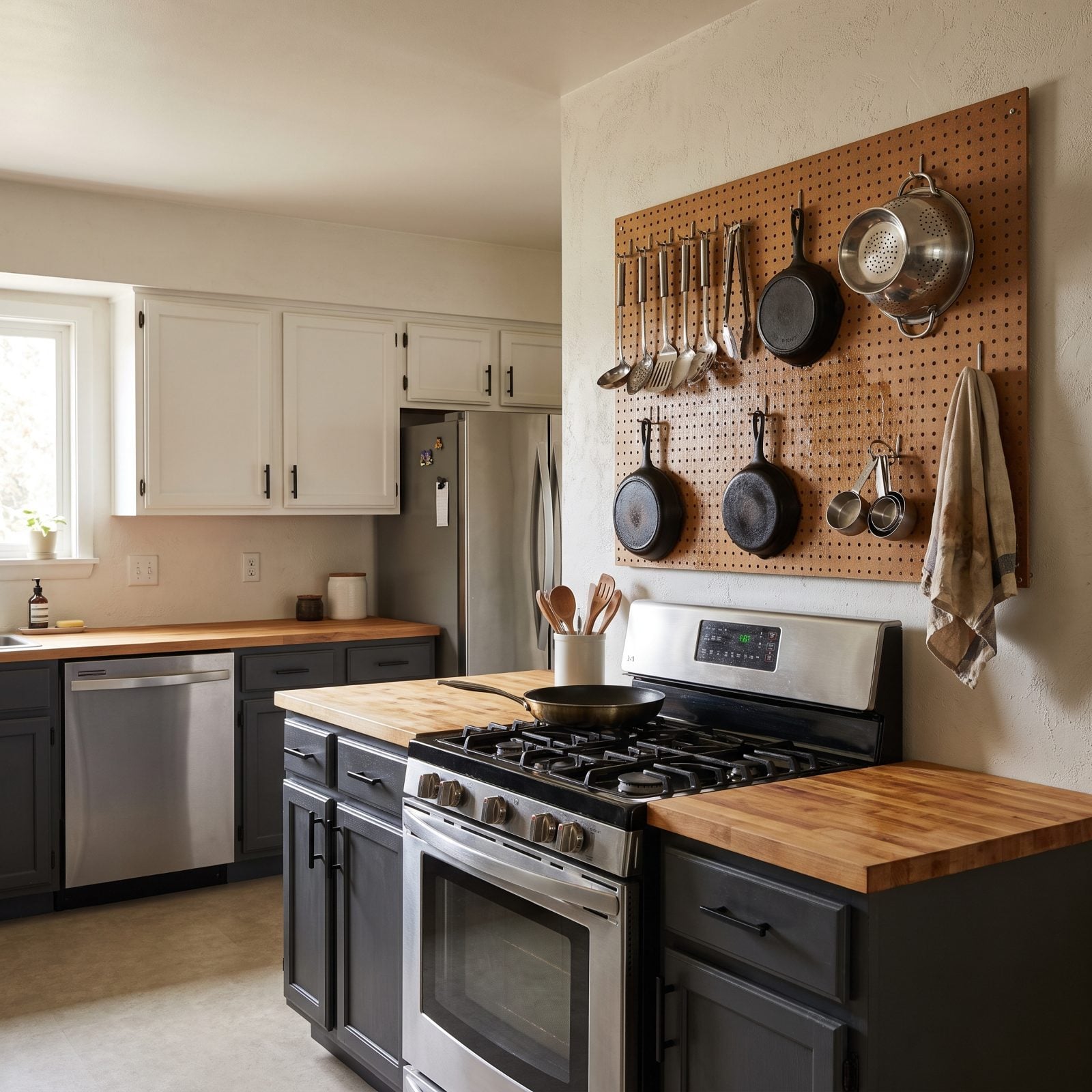 Charcoal kitchen with a wooden pegboard beside the range holding exposed utensils, skillets, and measuring cups near the