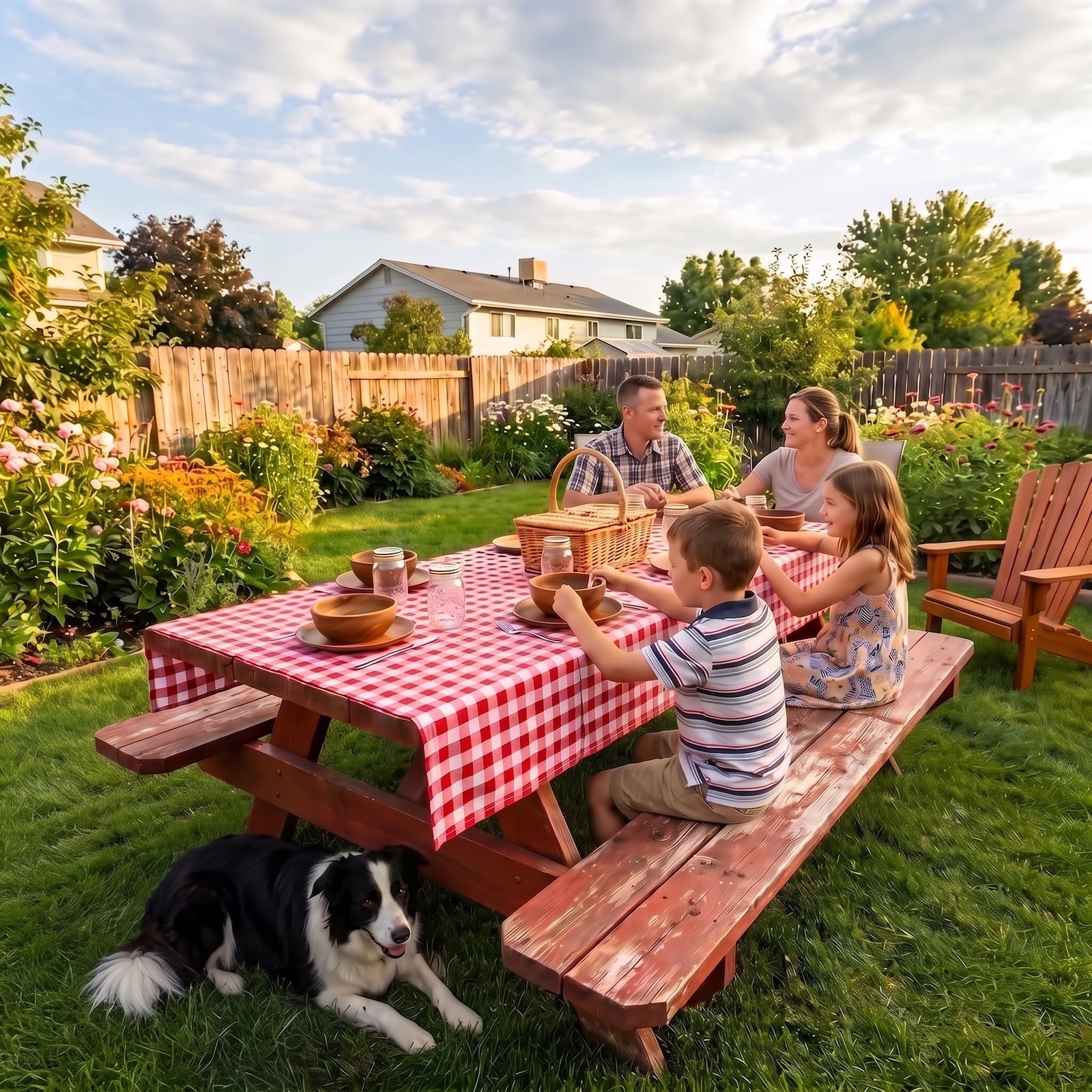 young couple and kids in 1950s backyard at picnic table