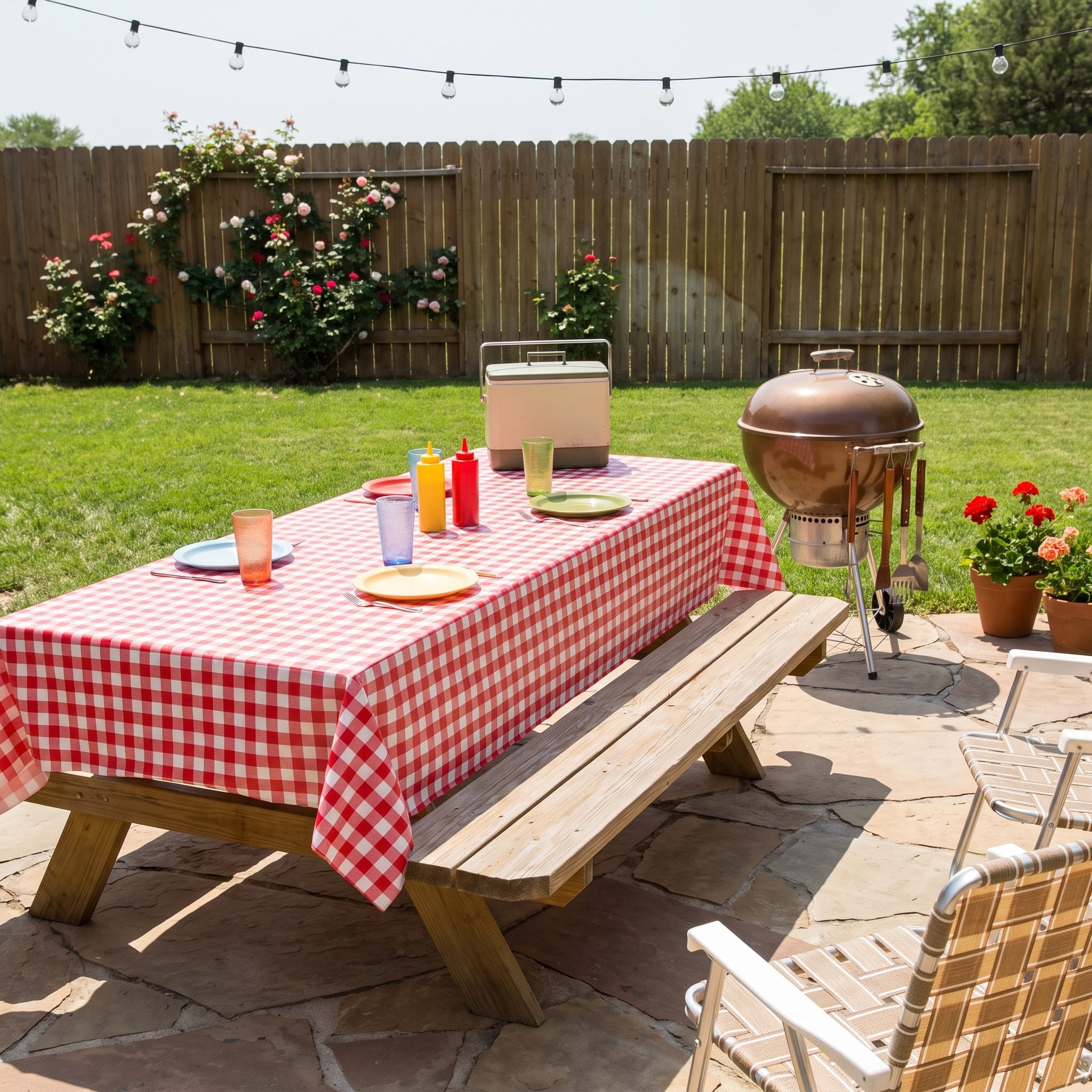 Picnic table covered with a vinyl checkered tablecloth