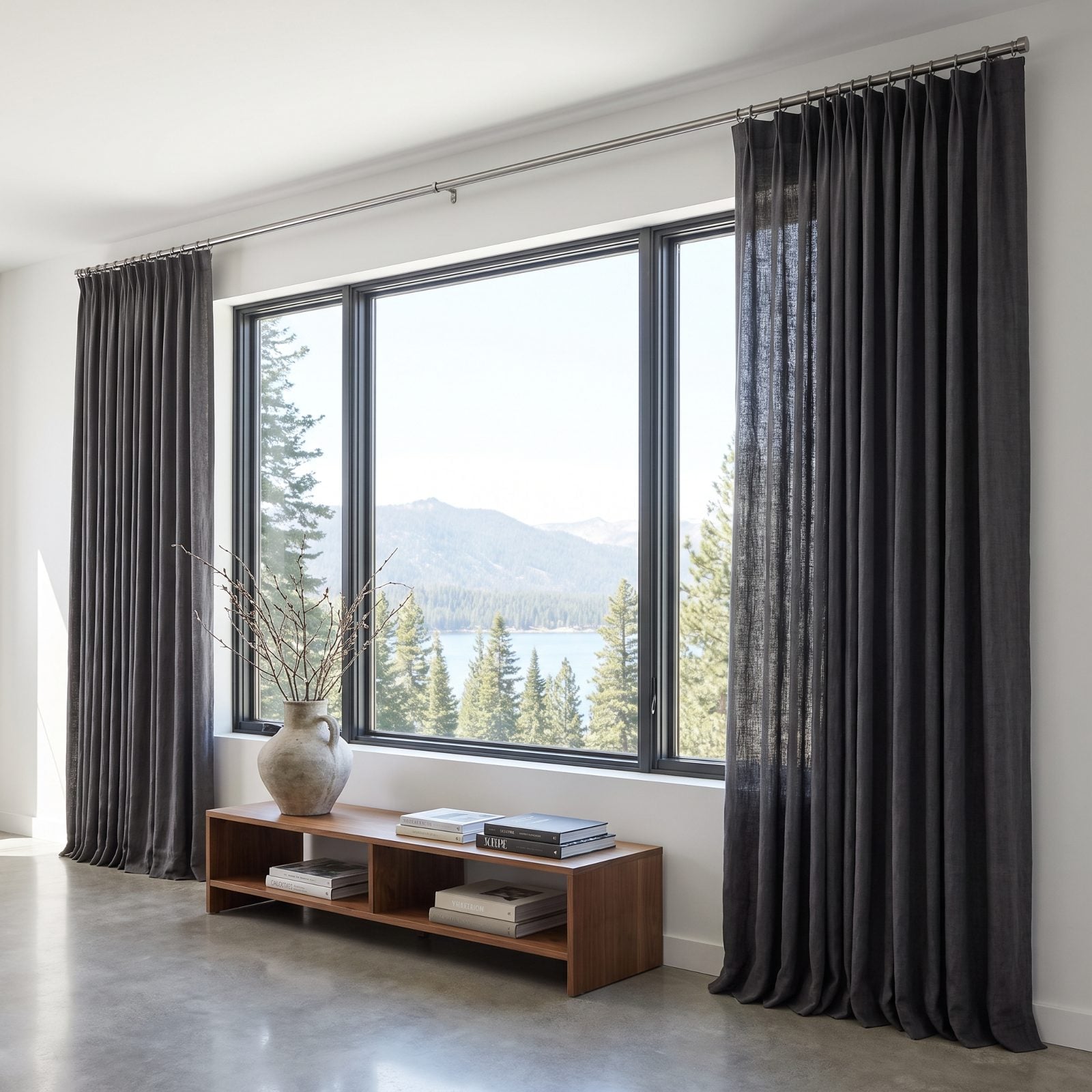 Picture Window With High Curtains Stacked Completely Off the Glass