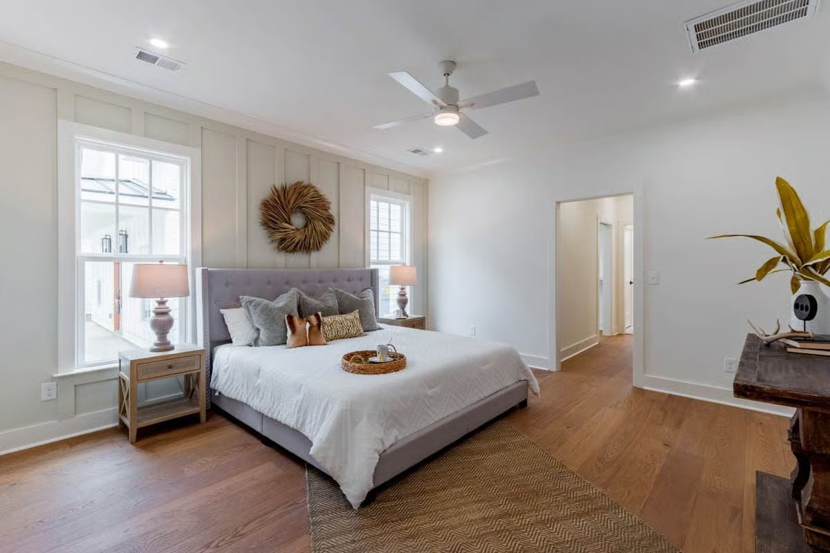 Gray Upholstered Headboard, Board-and-Batten Wall, and Room to Actually Breathe