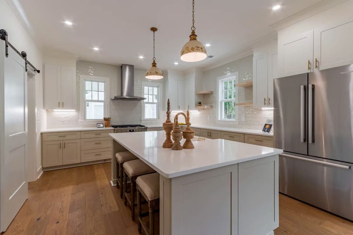 Warm Greige Lowers, White Uppers, and a Kitchen Island Built for Real Life
