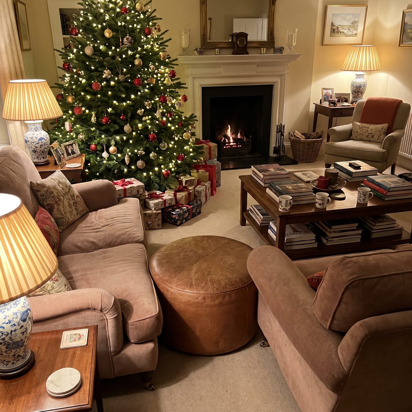 Living room with an upholstered ottoman wedged into a narrow gap between a Christmas tree and a leather sofa.
