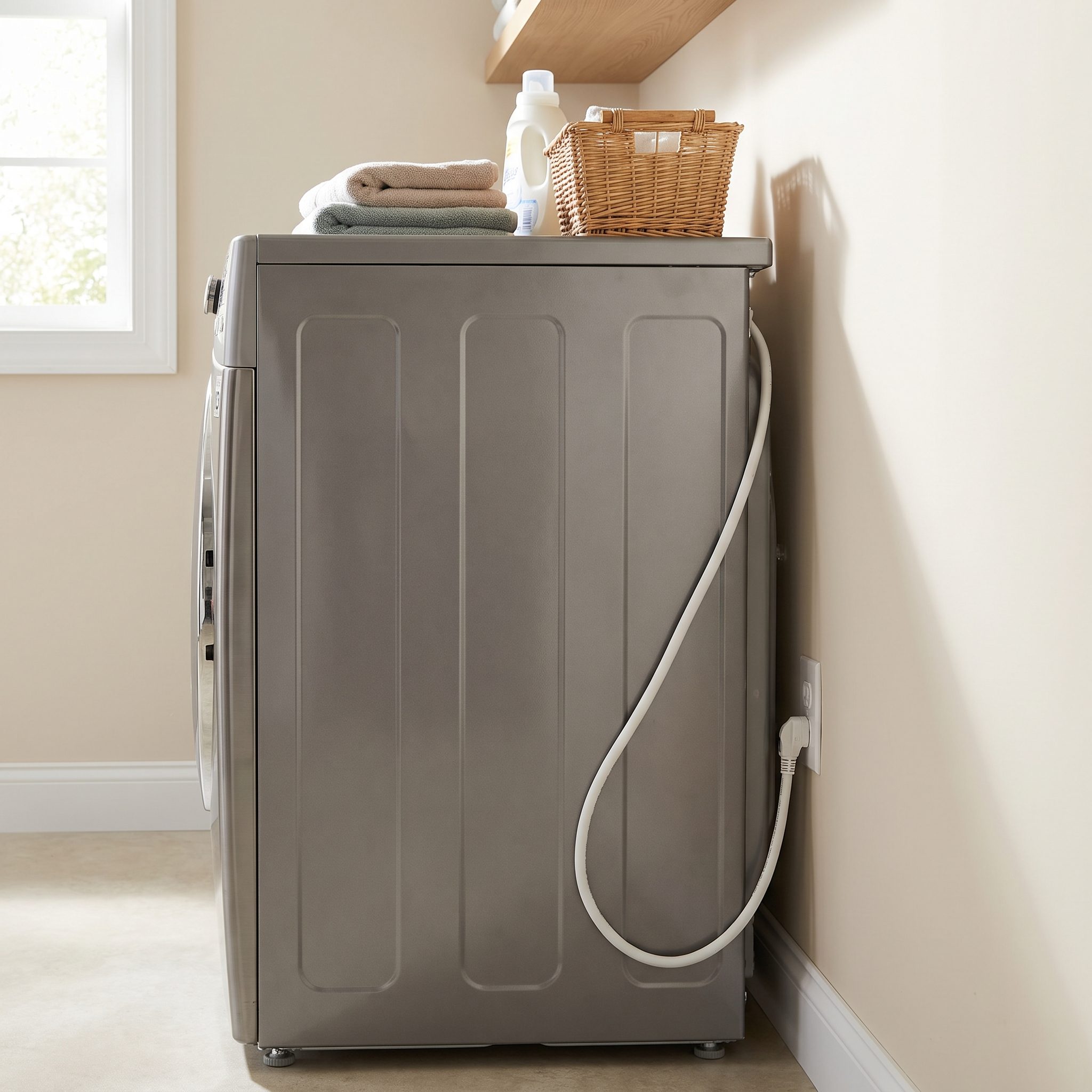 Laundry room with the only outlet hidden low behind the washer and an iron cord stretched across the counter to reach it.