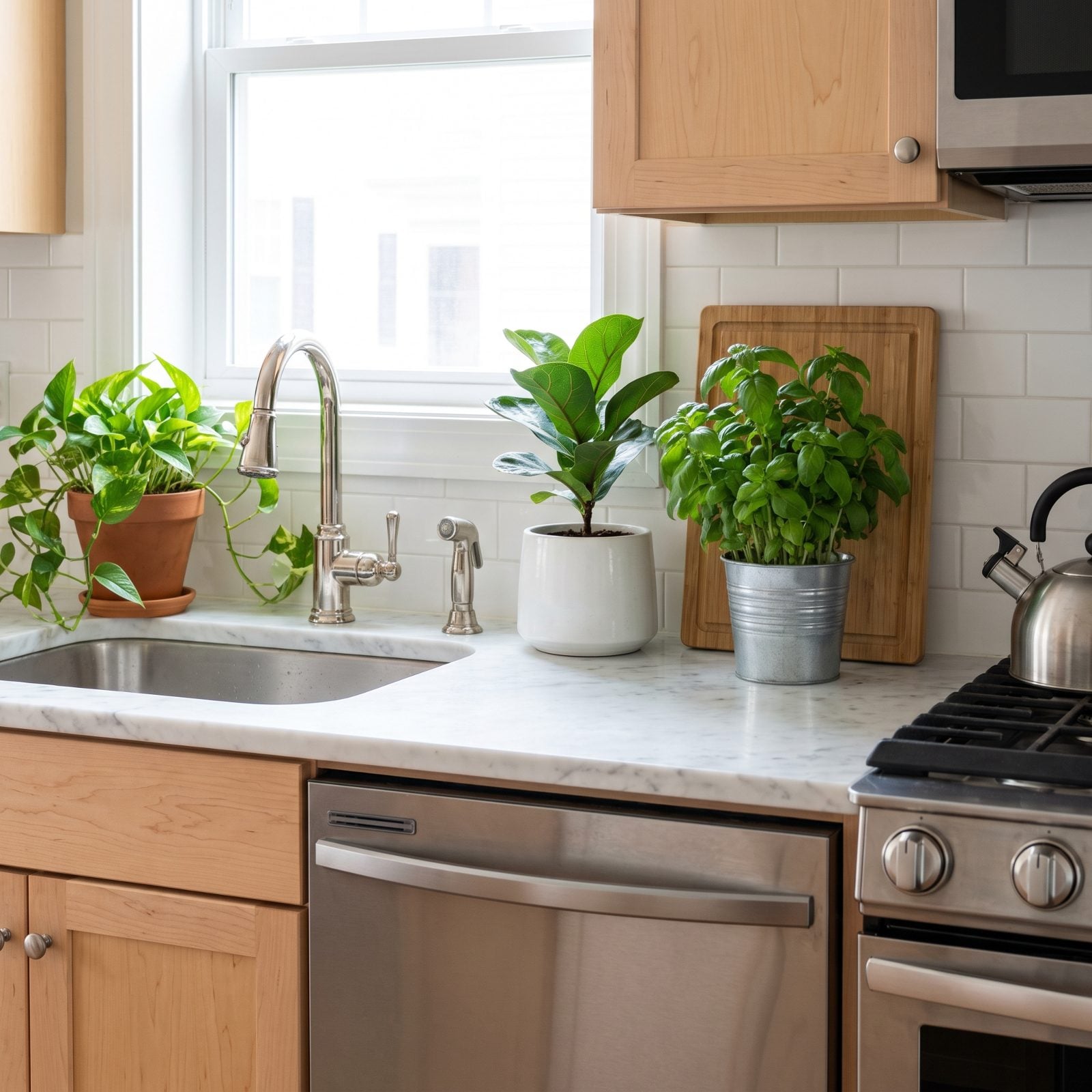 White marble kitchen with three potted plants lining the sink and prep counter, leaving about a foot of clear working space.